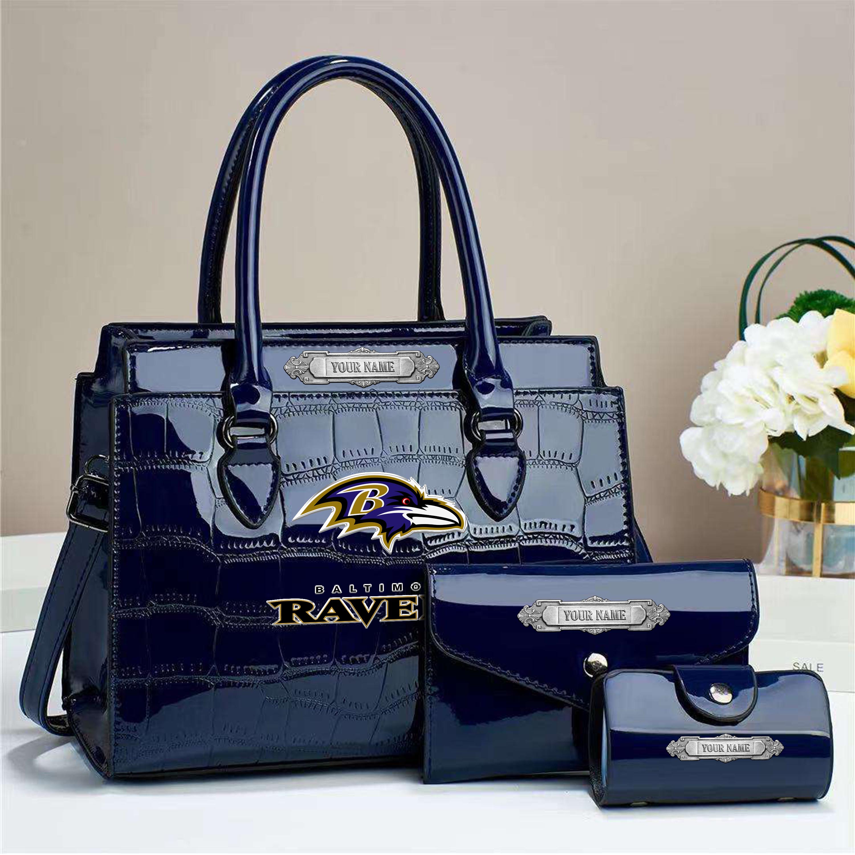 Baltimore Ravens Deluxe Handbag For Women Custom Your Name 2025 Versions, Sport Handbag Set Large Capacity 3Pcs Patent Leather Tote Bags for Women EHIVM-05222306