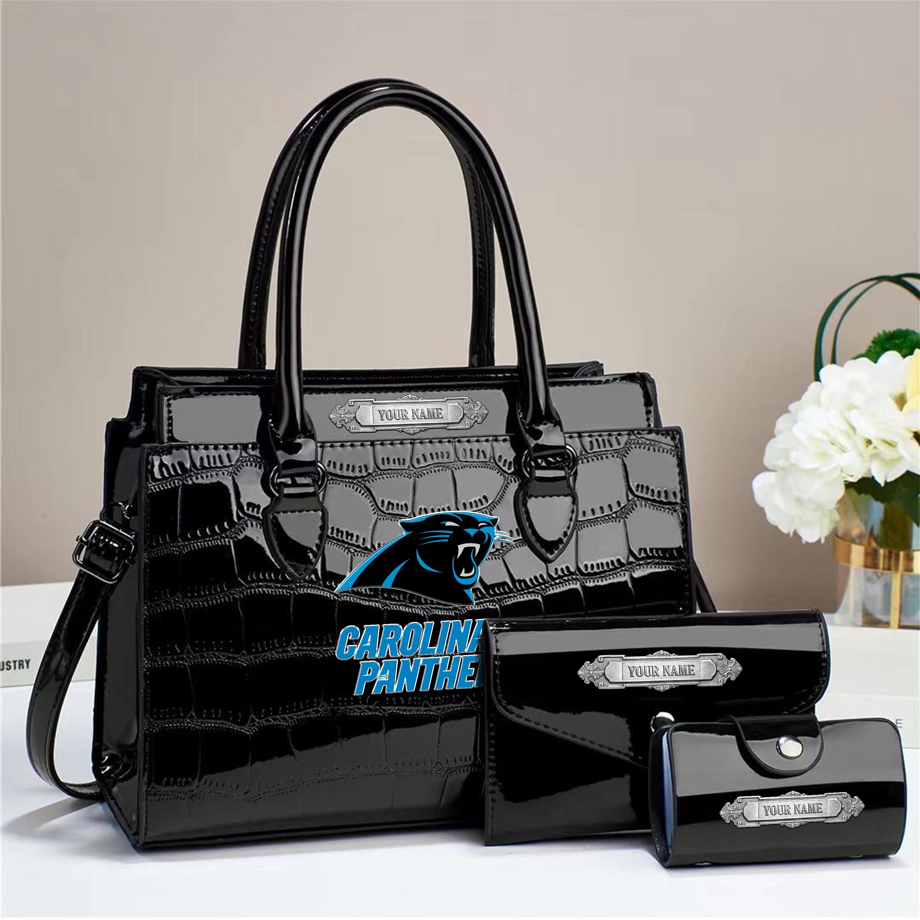 Carolina Panthers Deluxe Handbag For Women Custom Your Name 2025 Versions, Sport Handbag Set Large Capacity 3Pcs Patent Leather Tote Bags for Women EHIVM-05222306