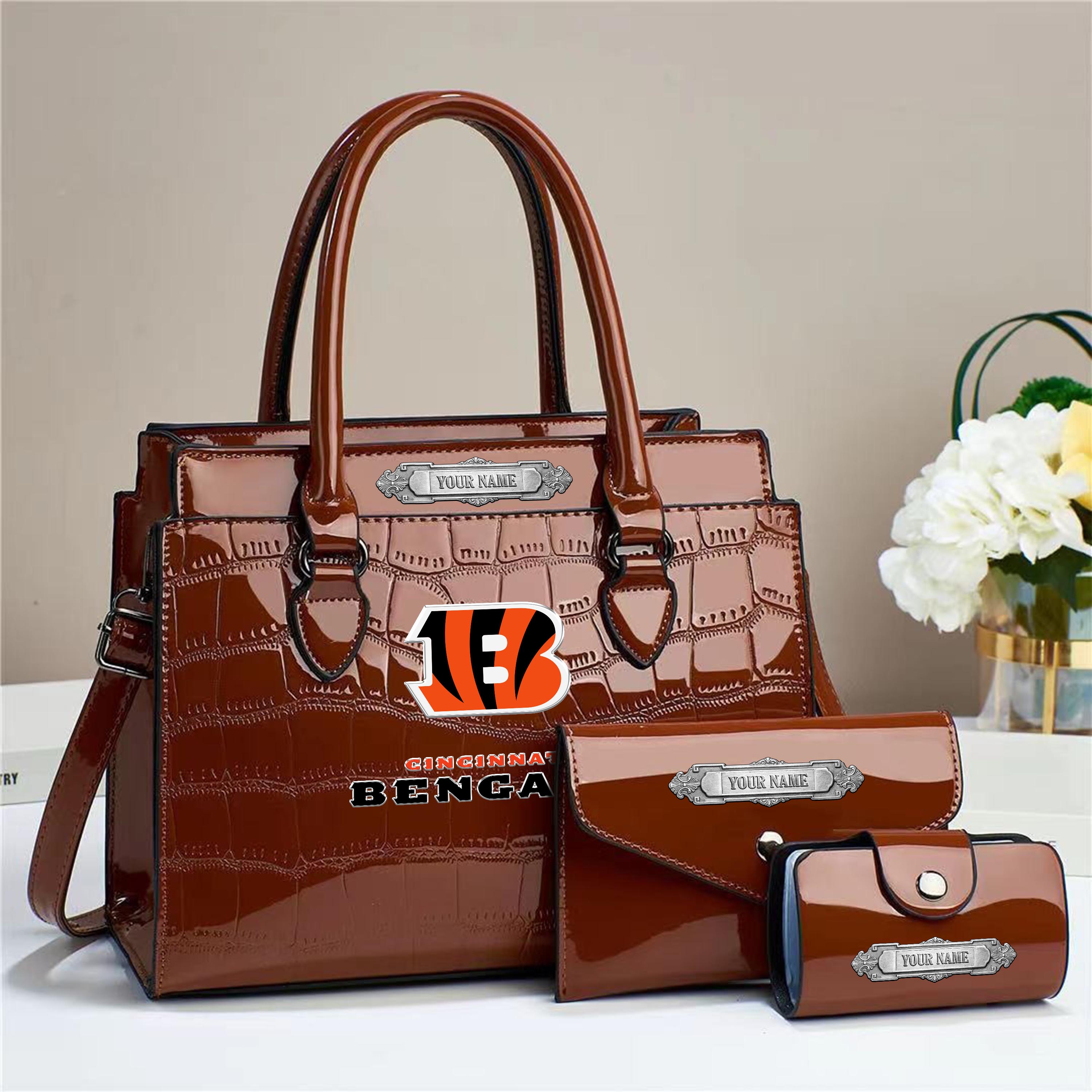 Cincinnati Bengals Deluxe Handbag For Women Custom Your Name 2025 Versions, Sport Handbag Set Large Capacity 3Pcs Patent Leather Tote Bags for Women EHIVM-05222306