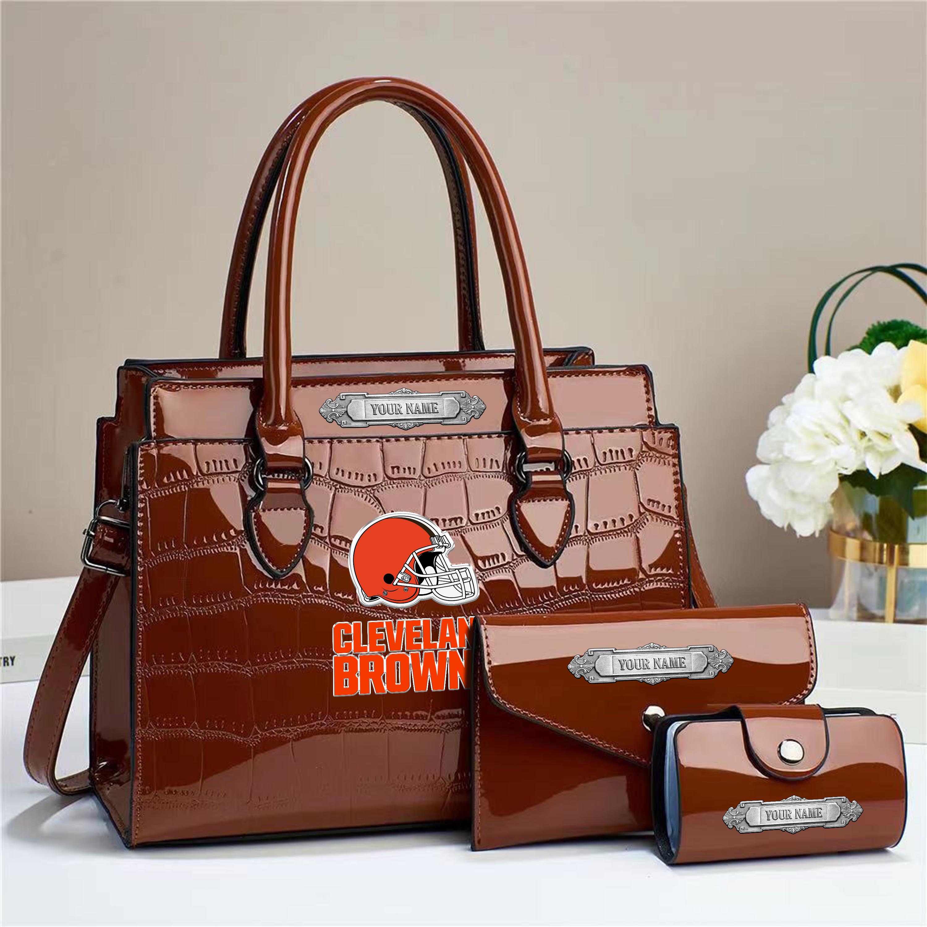 Cleveland Browns Deluxe Handbag For Women Custom Your Name 2025 Versions, Sport Handbag Set Large Capacity 3Pcs Patent Leather Tote Bags for Women EHIVM-05222306
