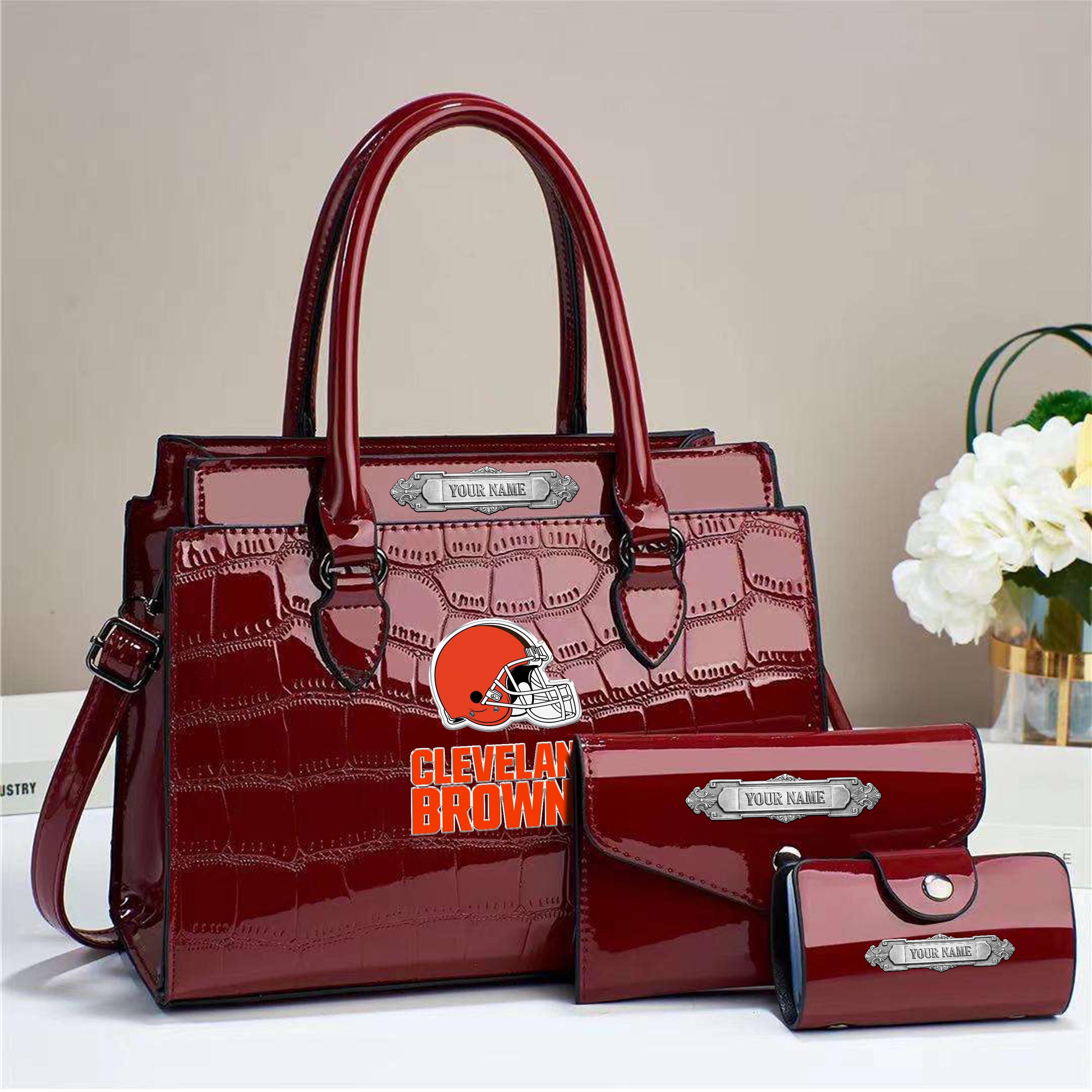 Alternative view of Cleveland Browns Deluxe Handbag For Women Custom Your Name 2025 Versions, Sport Handbag Set Large Capacity 3Pcs Patent Leather Tote Bags for Women EHIVM-05222306