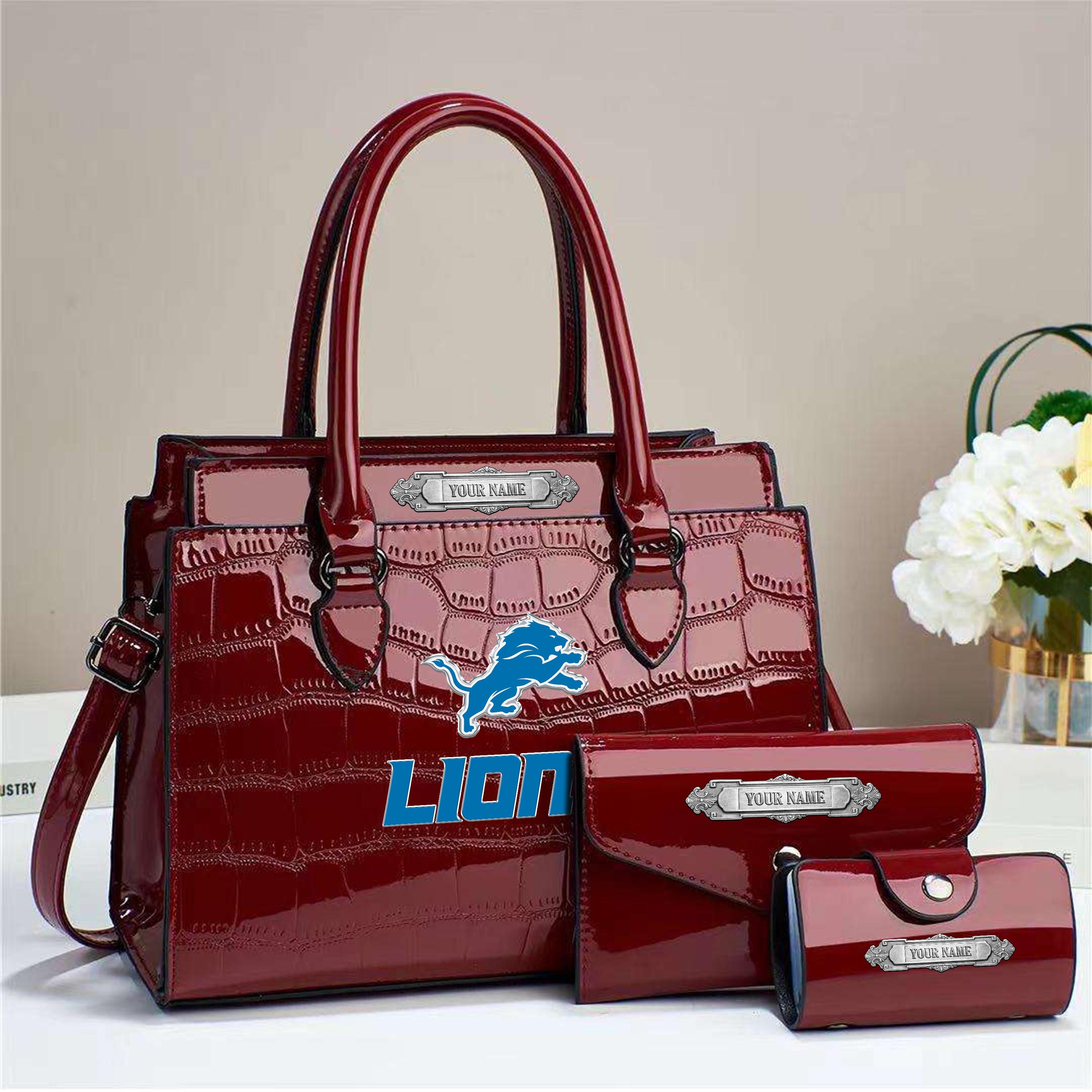 Alternative view of Detroit Lions Deluxe Handbag For Women Custom Your Name 2025 Versions, Sport Handbag Set Large Capacity 3Pcs Patent Leather Tote Bags for Women EHIVM-05222306