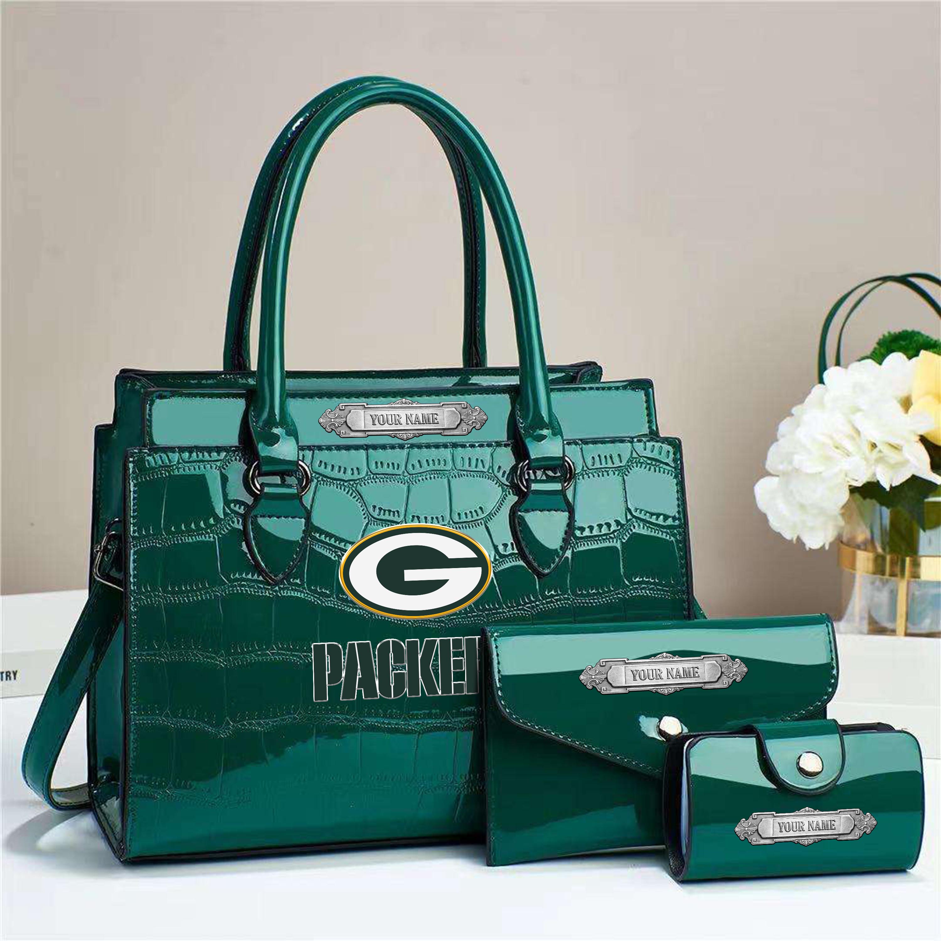 Green Bay Packers Deluxe Handbag For Women Custom Your Name 2025 Versions, Sport Handbag Set Large Capacity 3Pcs Patent Leather Tote Bags for Women EHIVM-05222306