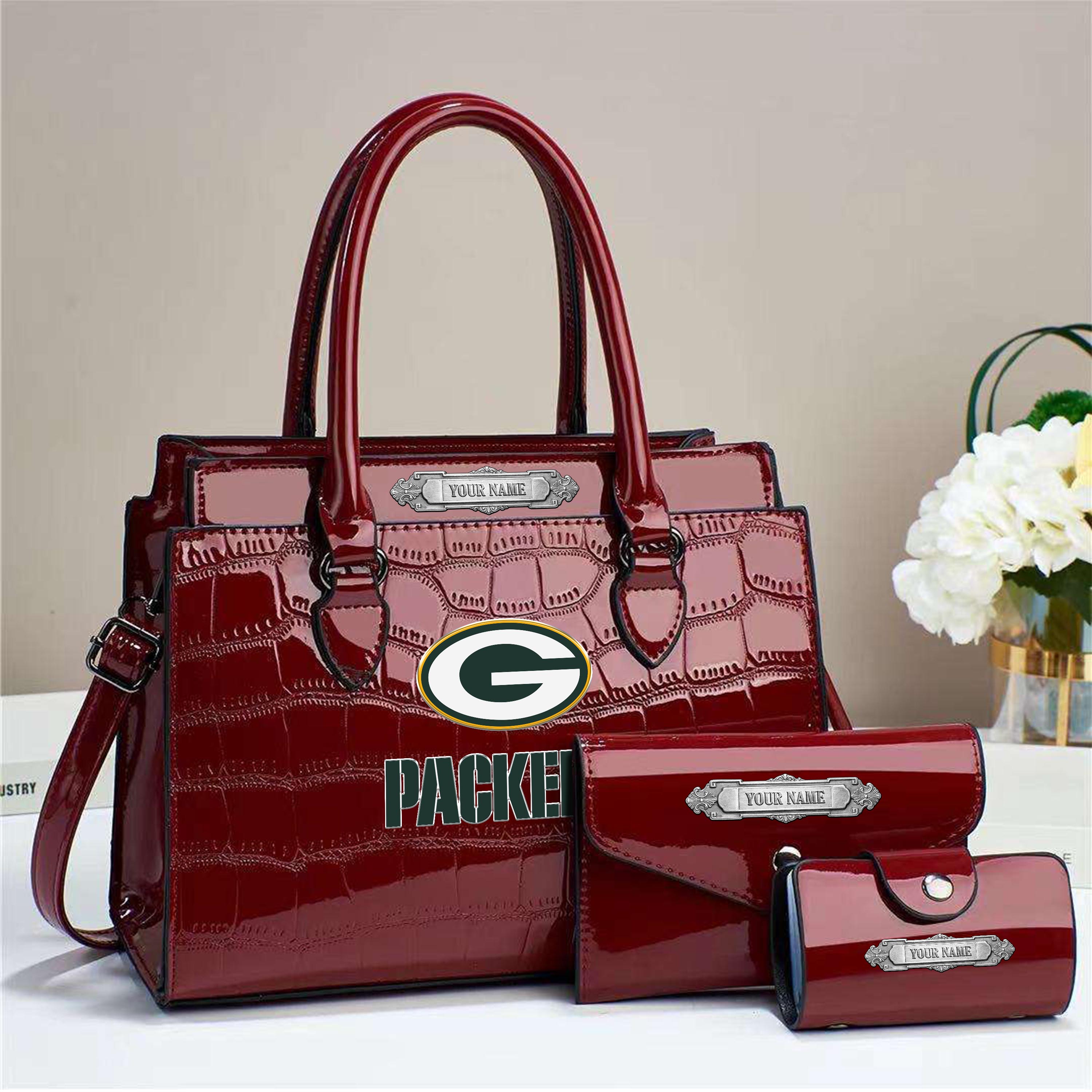 Alternative view of Green Bay Packers Deluxe Handbag For Women Custom Your Name 2025 Versions, Sport Handbag Set Large Capacity 3Pcs Patent Leather Tote Bags for Women EHIVM-05222306
