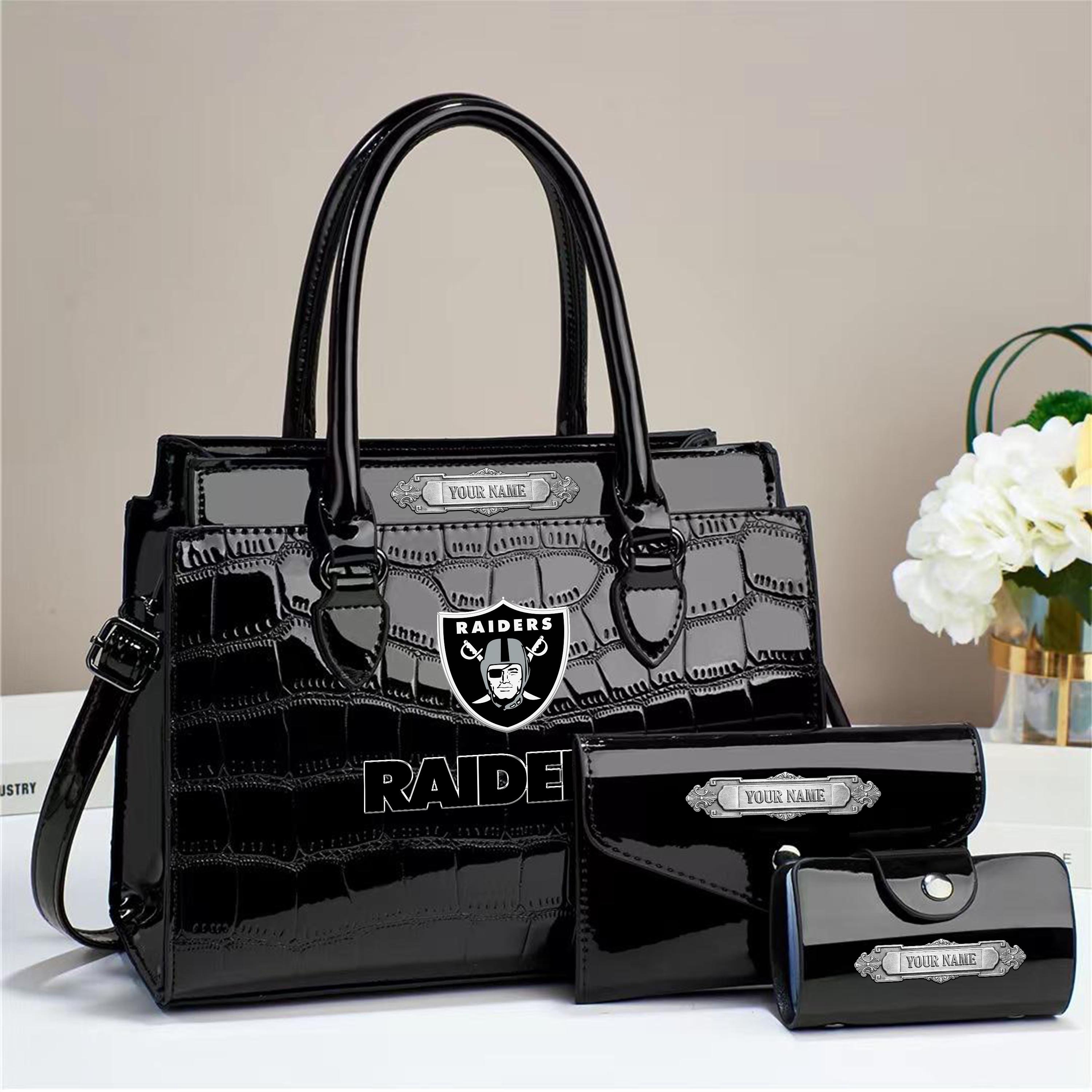 Las Vegas Raiders Deluxe Handbag For Women Custom Your Name 2025 Versions, Sport Handbag Set Large Capacity 3Pcs Patent Leather Tote Bags for Women EHIVM-05222306