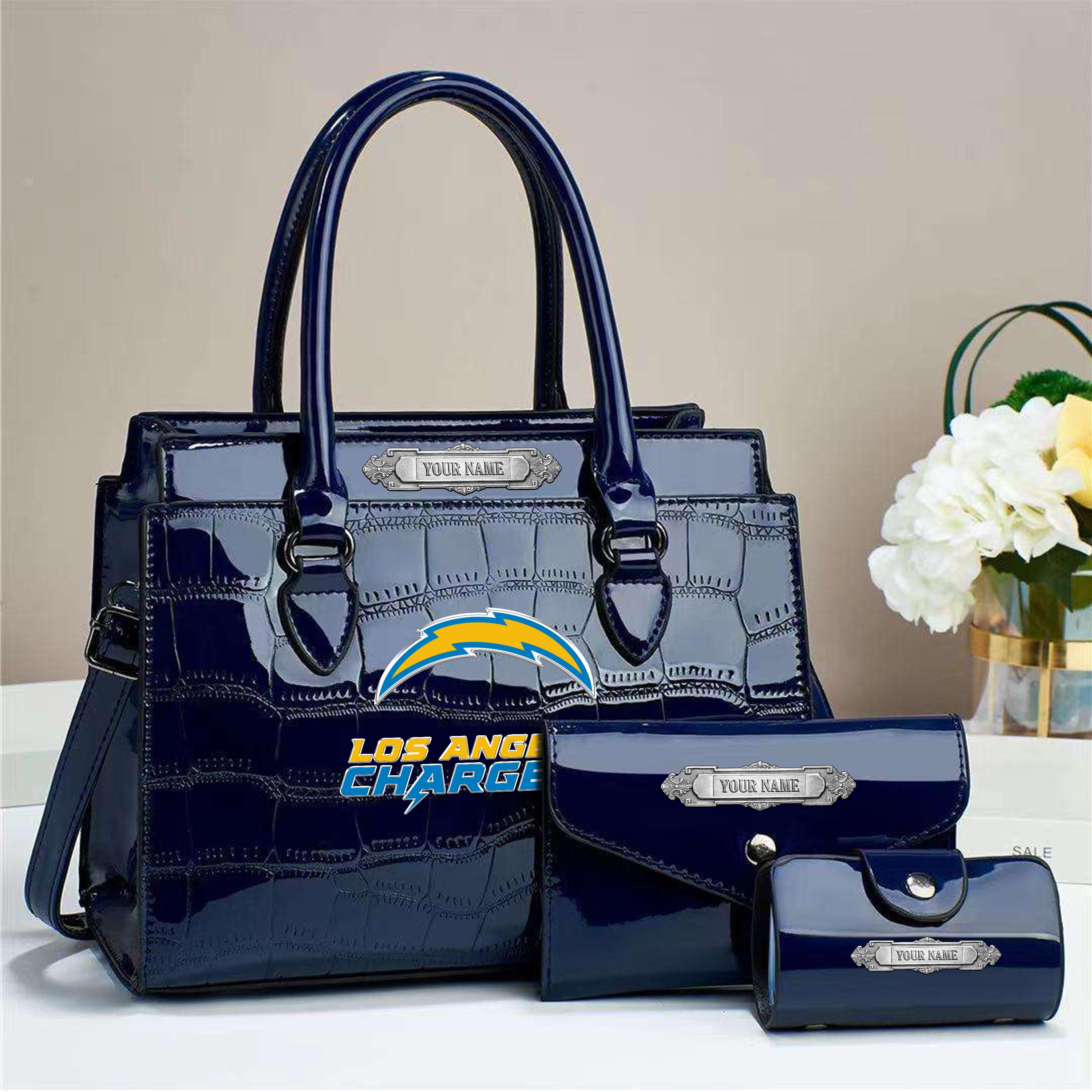 Los Angeles Chargers Deluxe Handbag For Women Custom Your Name 2025 Versions, Sport Handbag Set Large Capacity 3Pcs Patent Leather Tote Bags for Women EHIVM-05222306