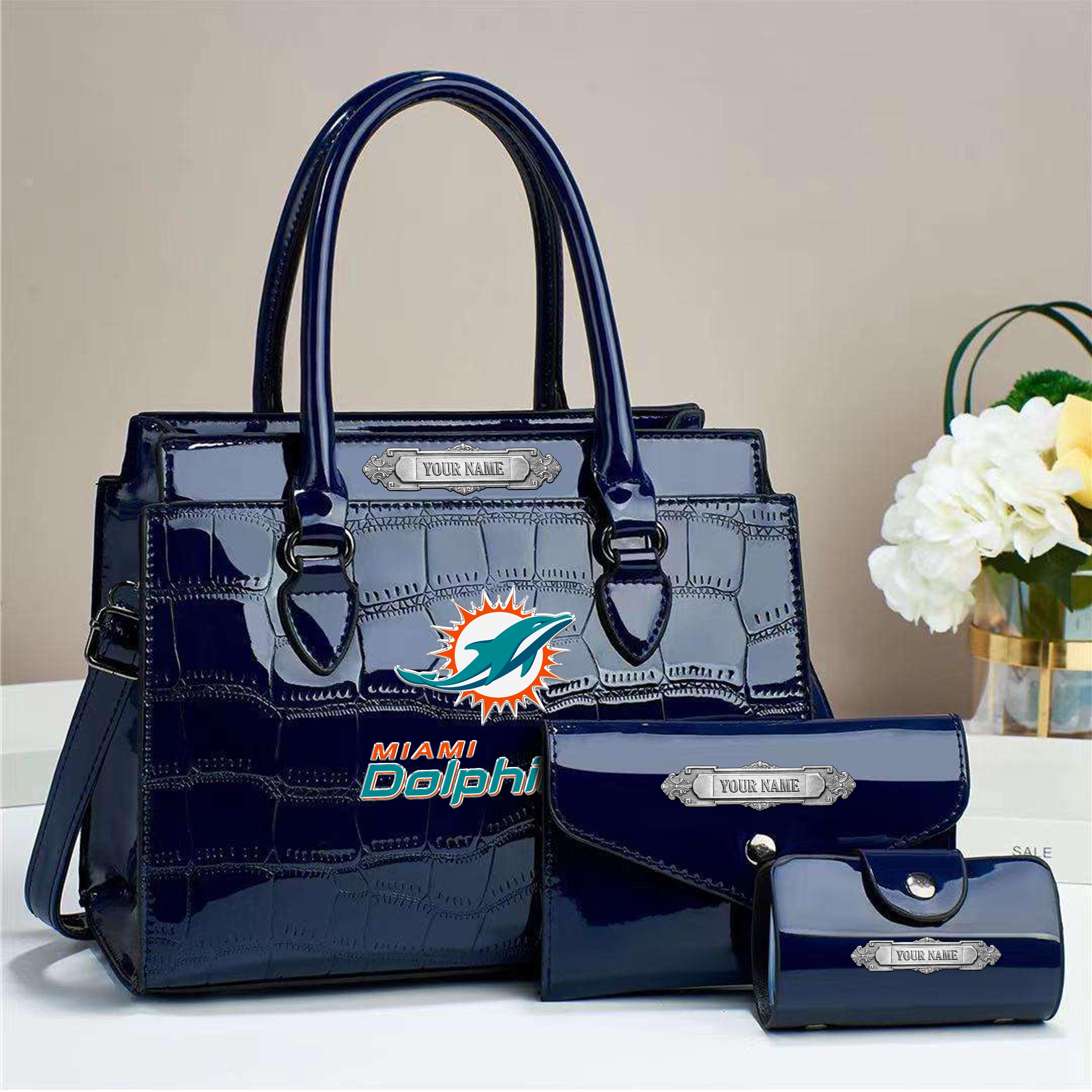 Miami Dolphins Deluxe Handbag For Women Custom Your Name 2025 Versions, Sport Handbag Set Large Capacity 3Pcs Patent Leather Tote Bags for Women EHIVM-05222306