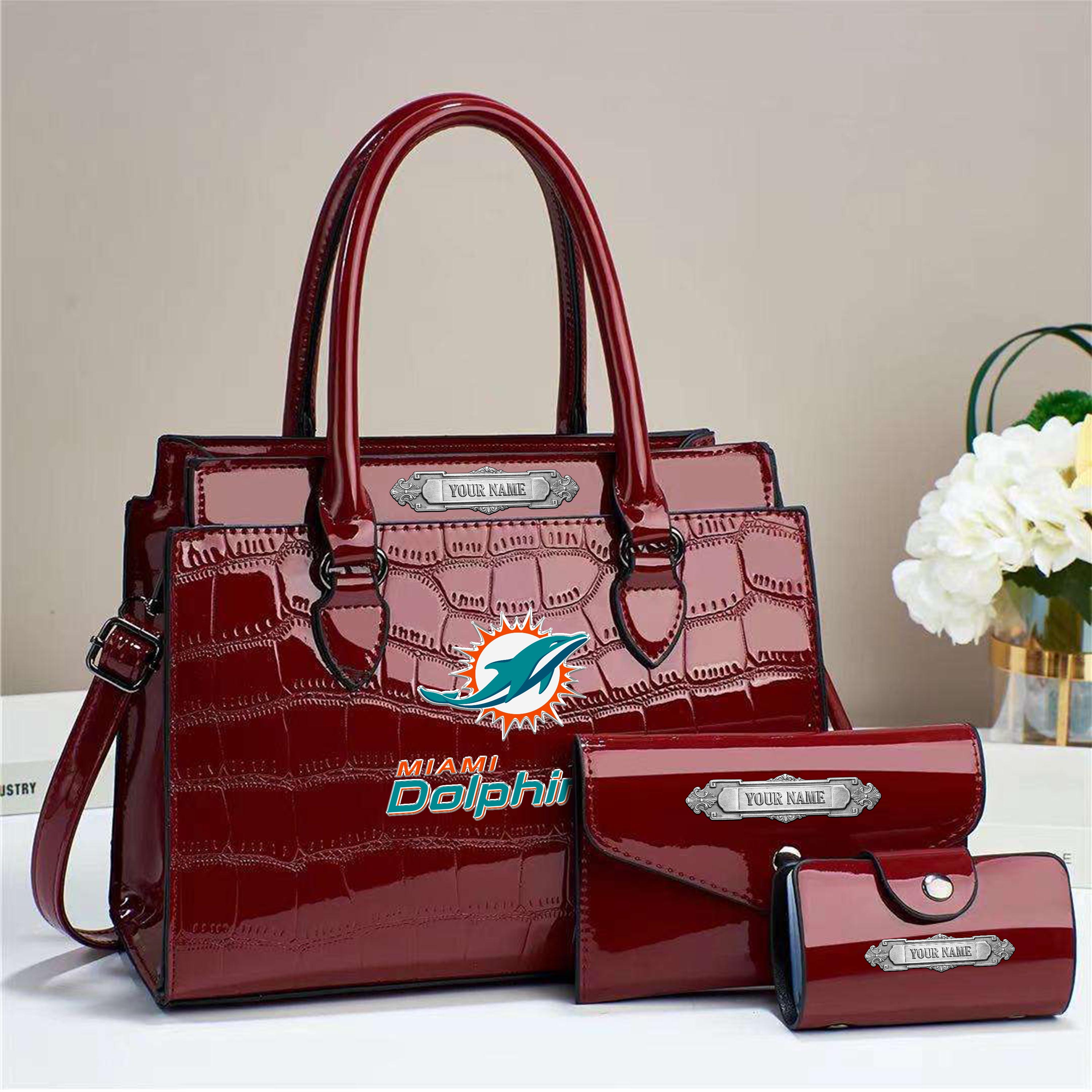 Alternative view of Miami Dolphins Deluxe Handbag For Women Custom Your Name 2025 Versions, Sport Handbag Set Large Capacity 3Pcs Patent Leather Tote Bags for Women EHIVM-05222306