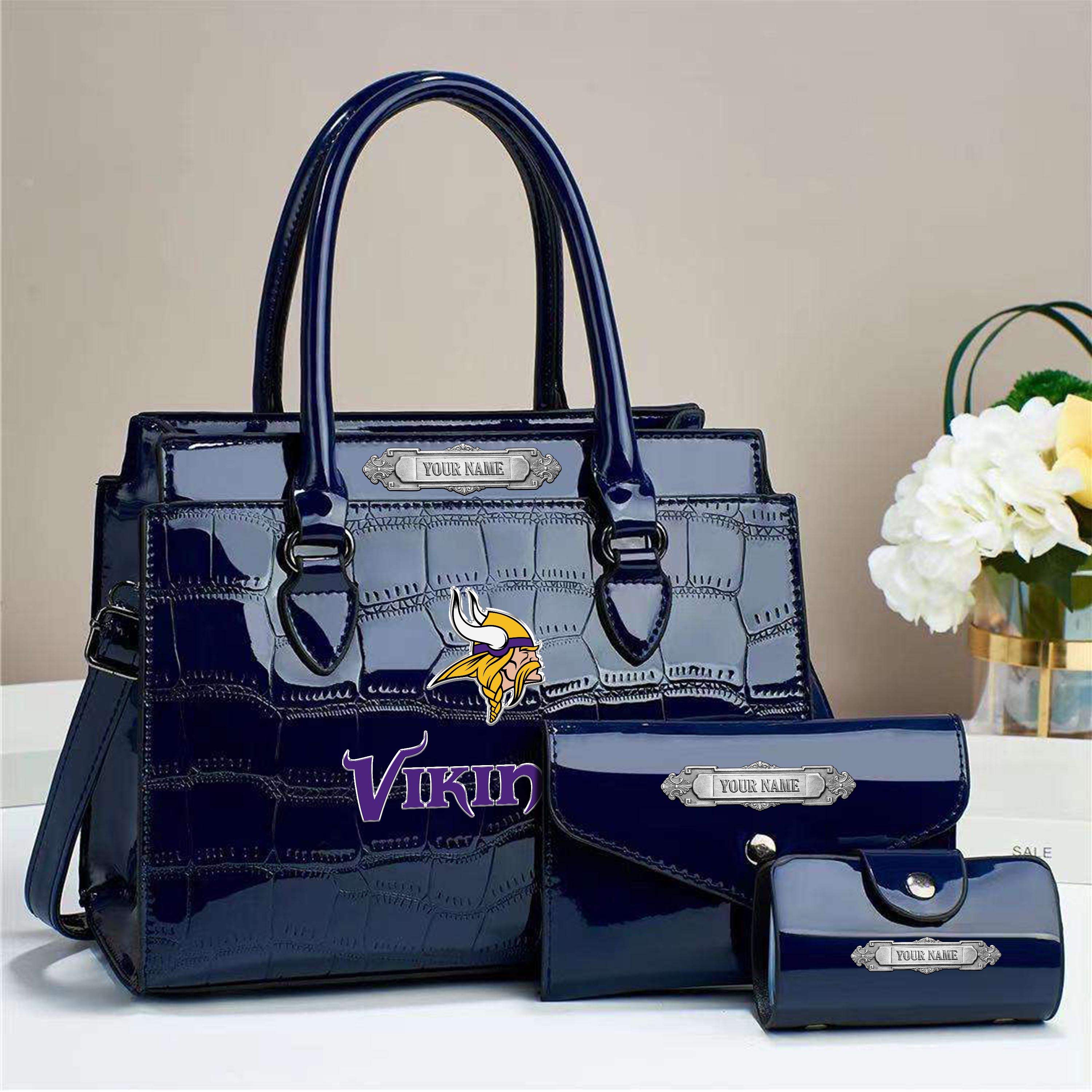 Minnesota Vikings Deluxe Handbag For Women Custom Your Name 2025 Versions, Sport Handbag Set Large Capacity 3Pcs Patent Leather Tote Bags for Women EHIVM-05222306