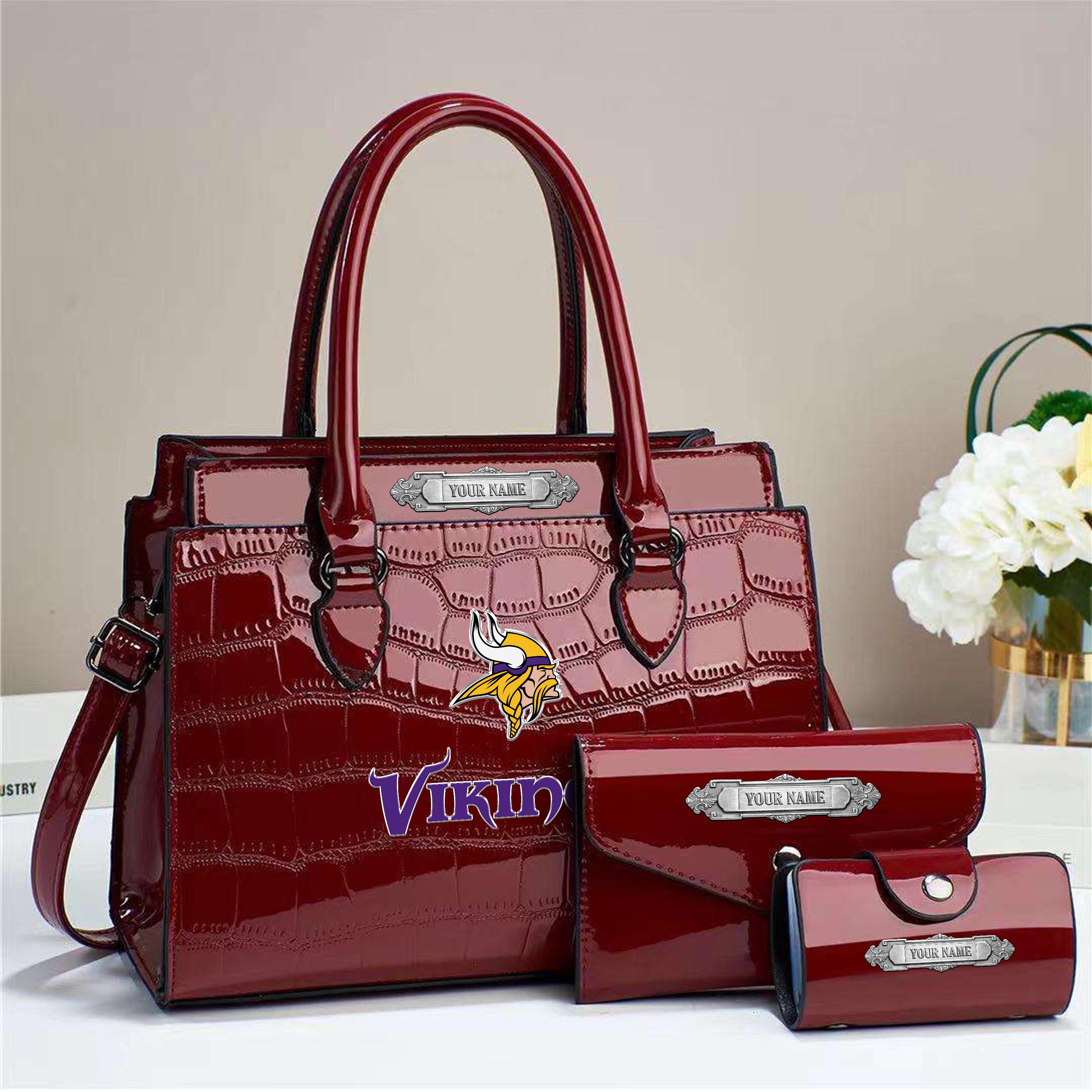 Alternative view of Minnesota Vikings Deluxe Handbag For Women Custom Your Name 2025 Versions, Sport Handbag Set Large Capacity 3Pcs Patent Leather Tote Bags for Women EHIVM-05222306