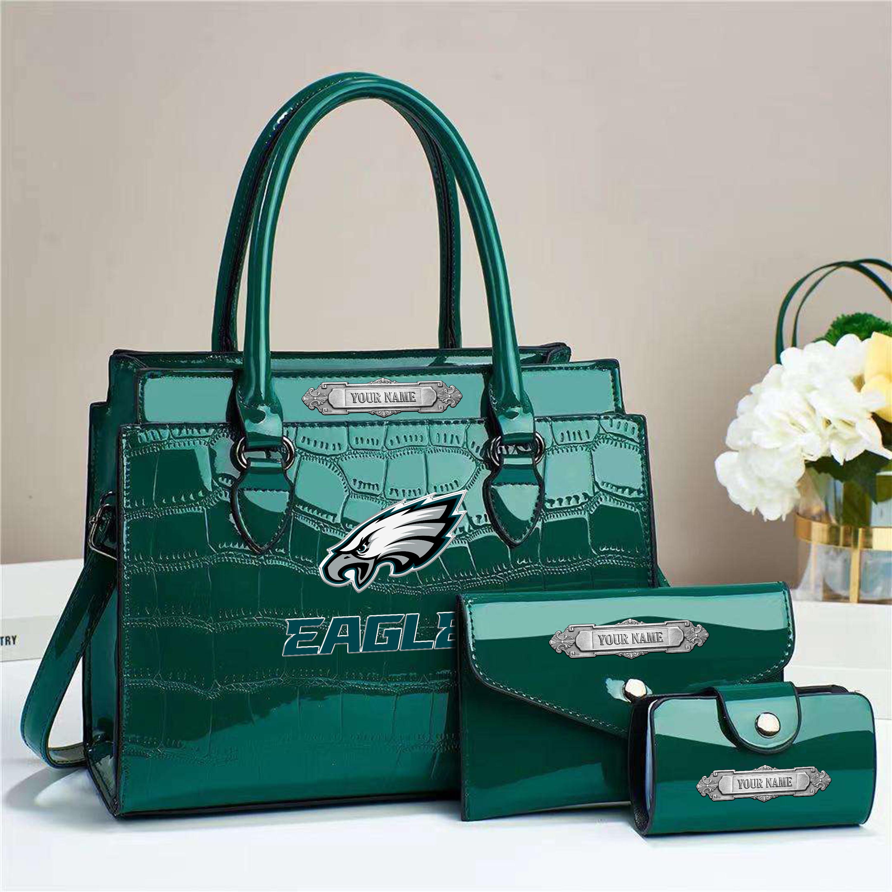Philadelphia Eagles Deluxe Handbag For Women Custom Your Name 2025 Versions, Sport Handbag Set Large Capacity 3Pcs Patent Leather Tote Bags for Women EHIVM-05222306