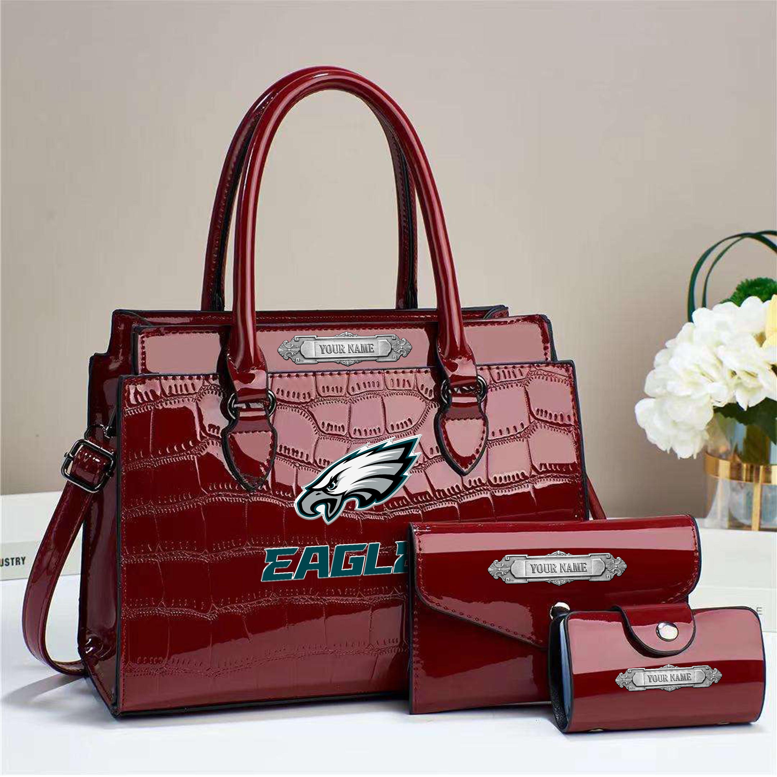 Alternative view of Philadelphia Eagles Deluxe Handbag For Women Custom Your Name 2025 Versions, Sport Handbag Set Large Capacity 3Pcs Patent Leather Tote Bags for Women EHIVM-05222306