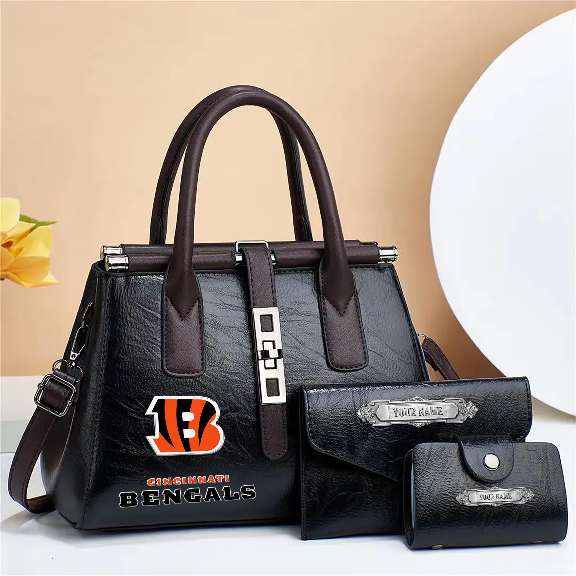 Alternative view of Cincinnati Bengals Deluxe Handbag For Women Custom Your Name 2025 Versions, Sport Handbag Set Large Capacity 3Pcs Patent Leather Tote Bags for Women  EHIVM-05302416N
