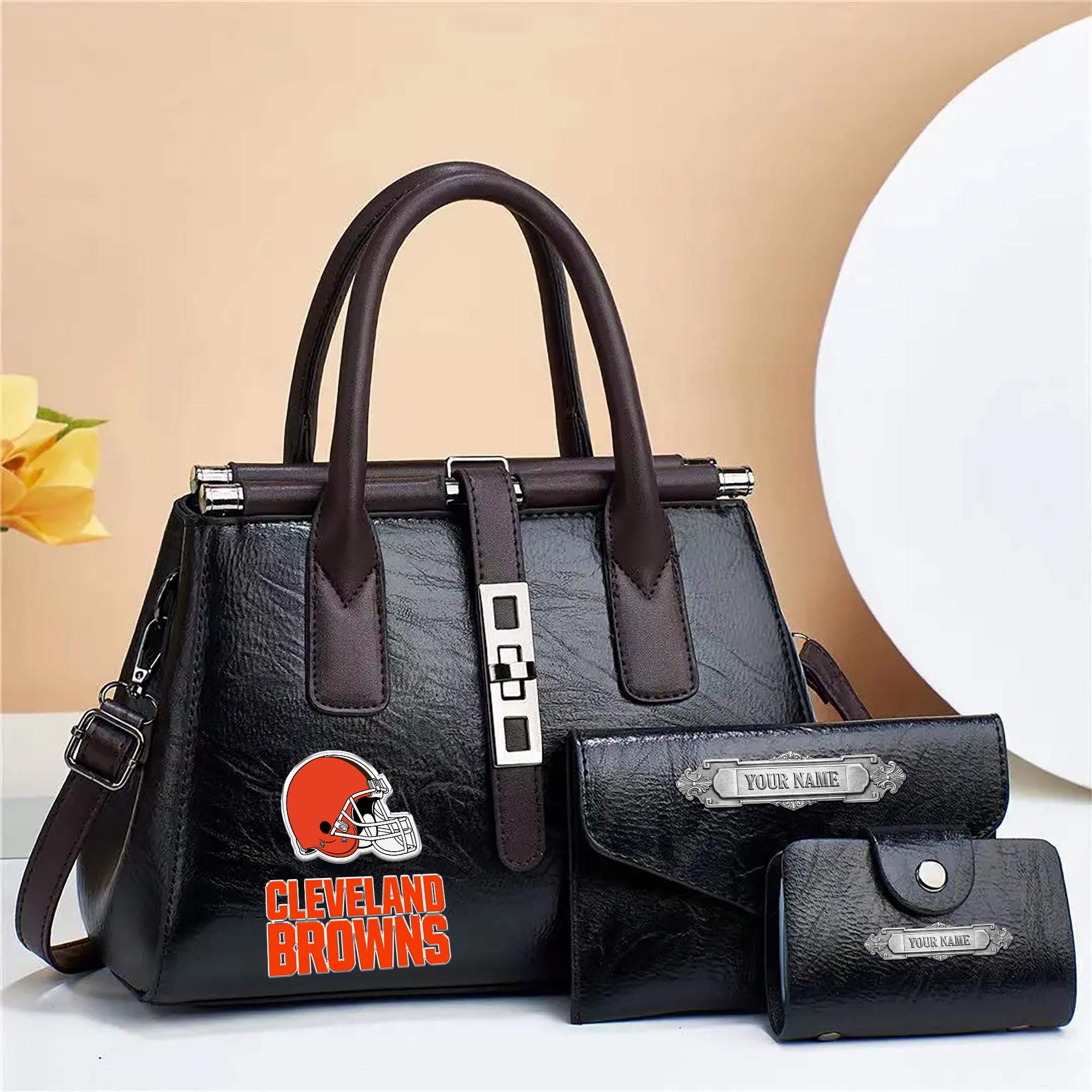 Alternative view of Cleveland Browns Deluxe Handbag For Women Custom Your Name 2025 Versions, Sport Handbag Set Large Capacity 3Pcs Patent Leather Tote Bags for Women  EHIVM-05302416N
