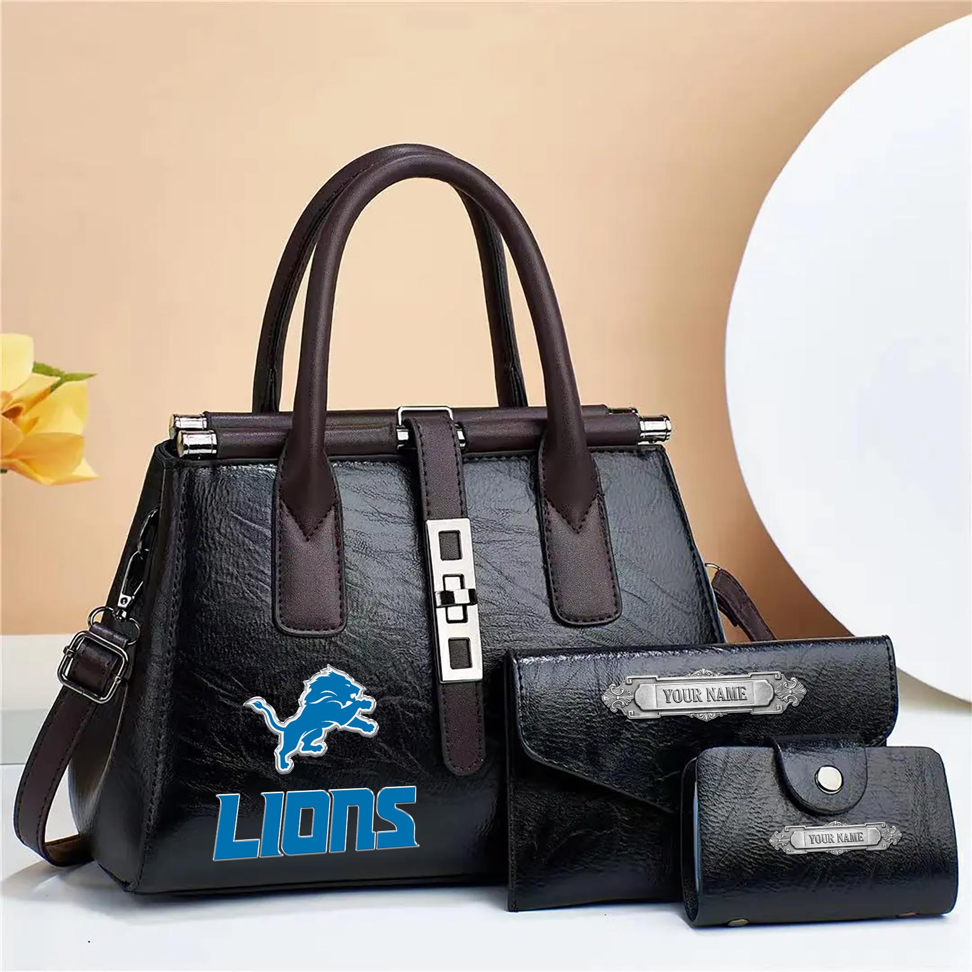 Alternative view of Detroit Lions Deluxe Handbag For Women Custom Your Name 2025 Versions, Sport Handbag Set Large Capacity 3Pcs Patent Leather Tote Bags for Women  EHIVM-05302416N
