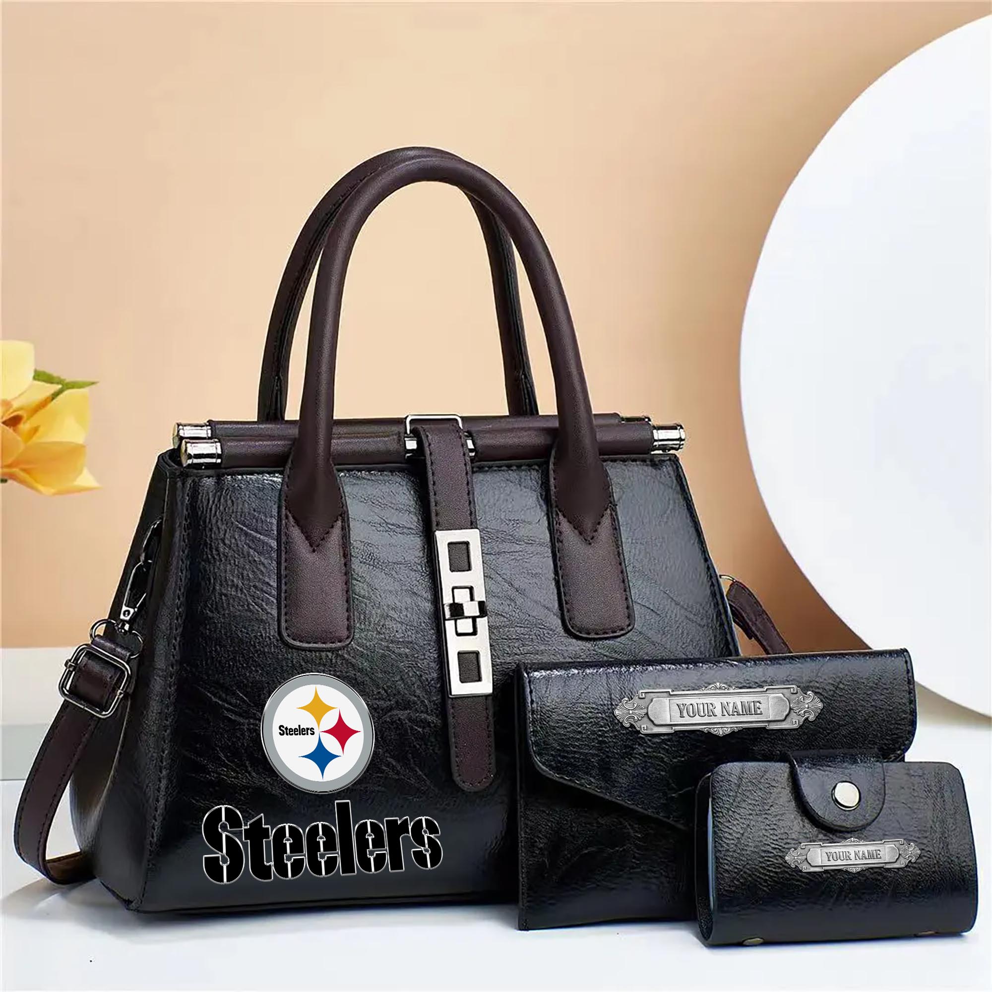 Alternative view of Pittsburgh Steelers Deluxe Handbag For Women Custom Your Name 2025 Versions, Sport Handbag Set Large Capacity 3Pcs Patent Leather Tote Bags for Women  EHIVM-05302416N