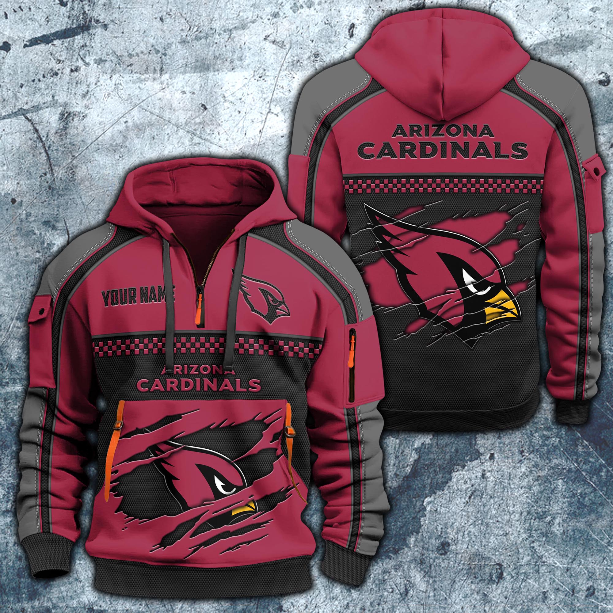 Arizona Cardinals Hoodie Half Zipper Custom Your Name,  Sports 3D Half-zip Hoodie EHIVM-06242639N