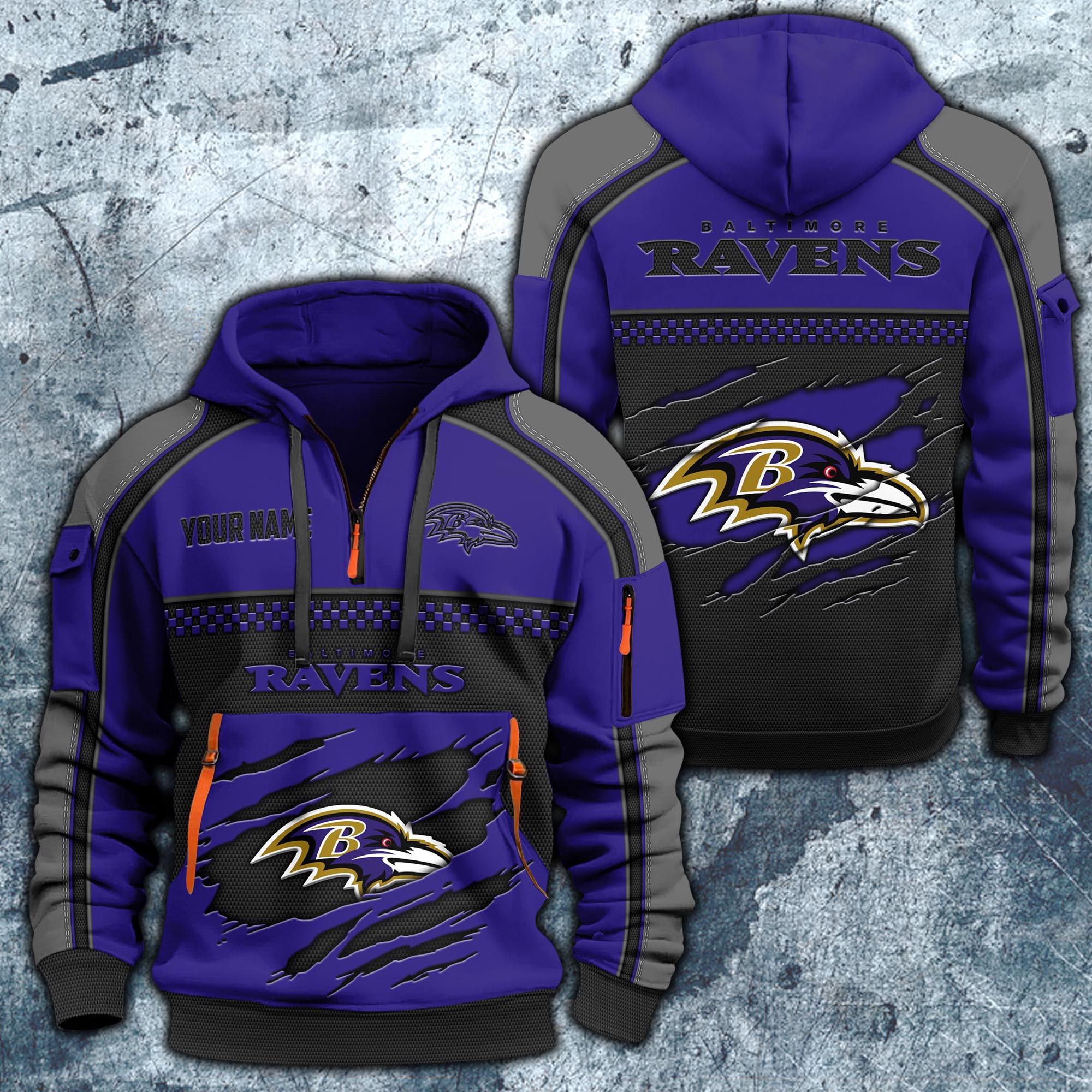 Baltimore Ravens Hoodie Half Zipper Custom Your Name,  Sports 3D Half-zip Hoodie EHIVM-06242639N
