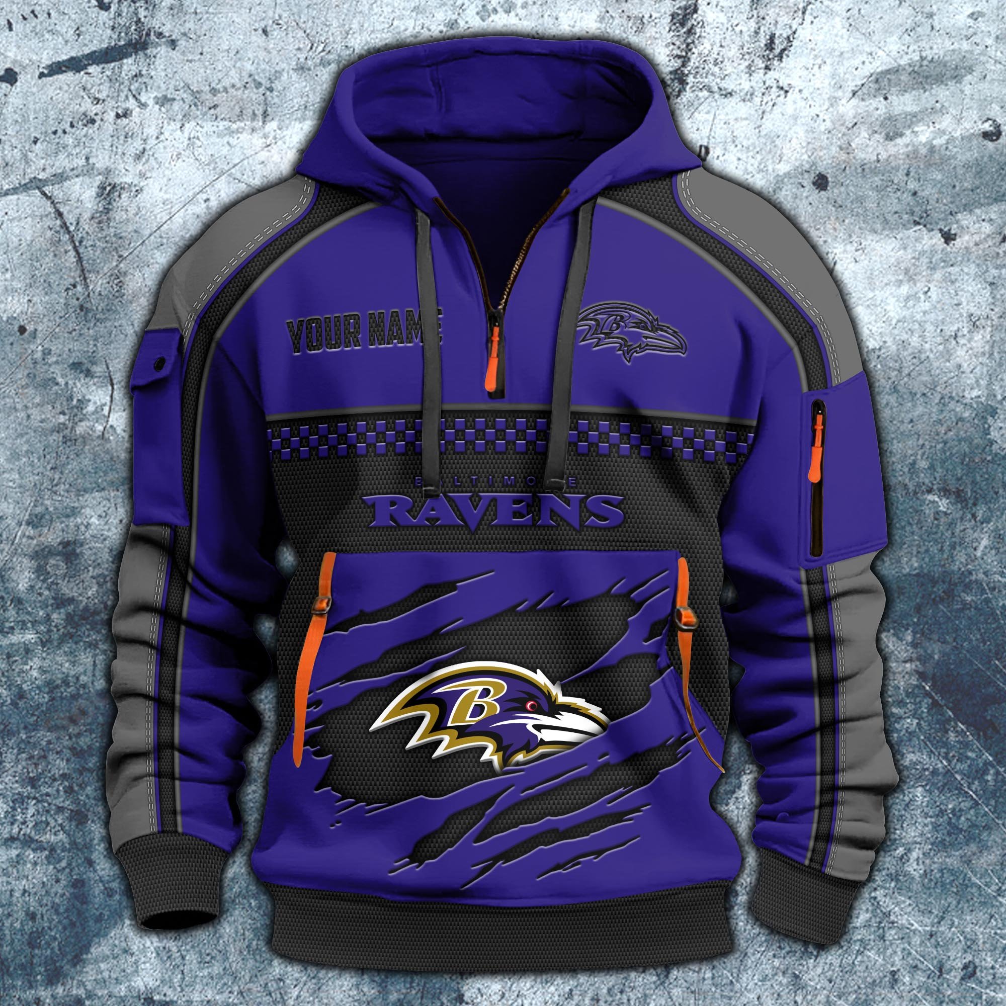 Alternative view of Baltimore Ravens Hoodie Half Zipper Custom Your Name,  Sports 3D Half-zip Hoodie EHIVM-06242639N