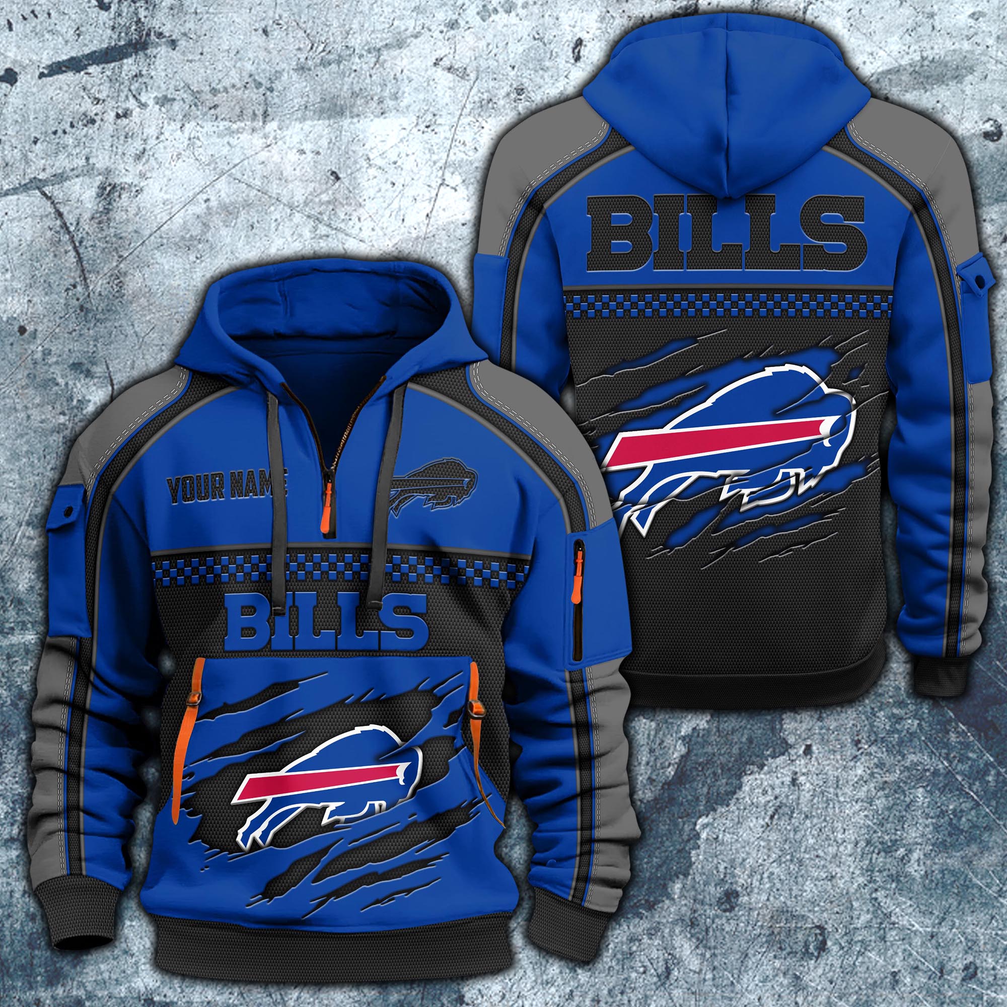 Buffalo Bills Hoodie Half Zipper Custom Your Name,  Sports 3D Half-zip Hoodie EHIVM-06242639N