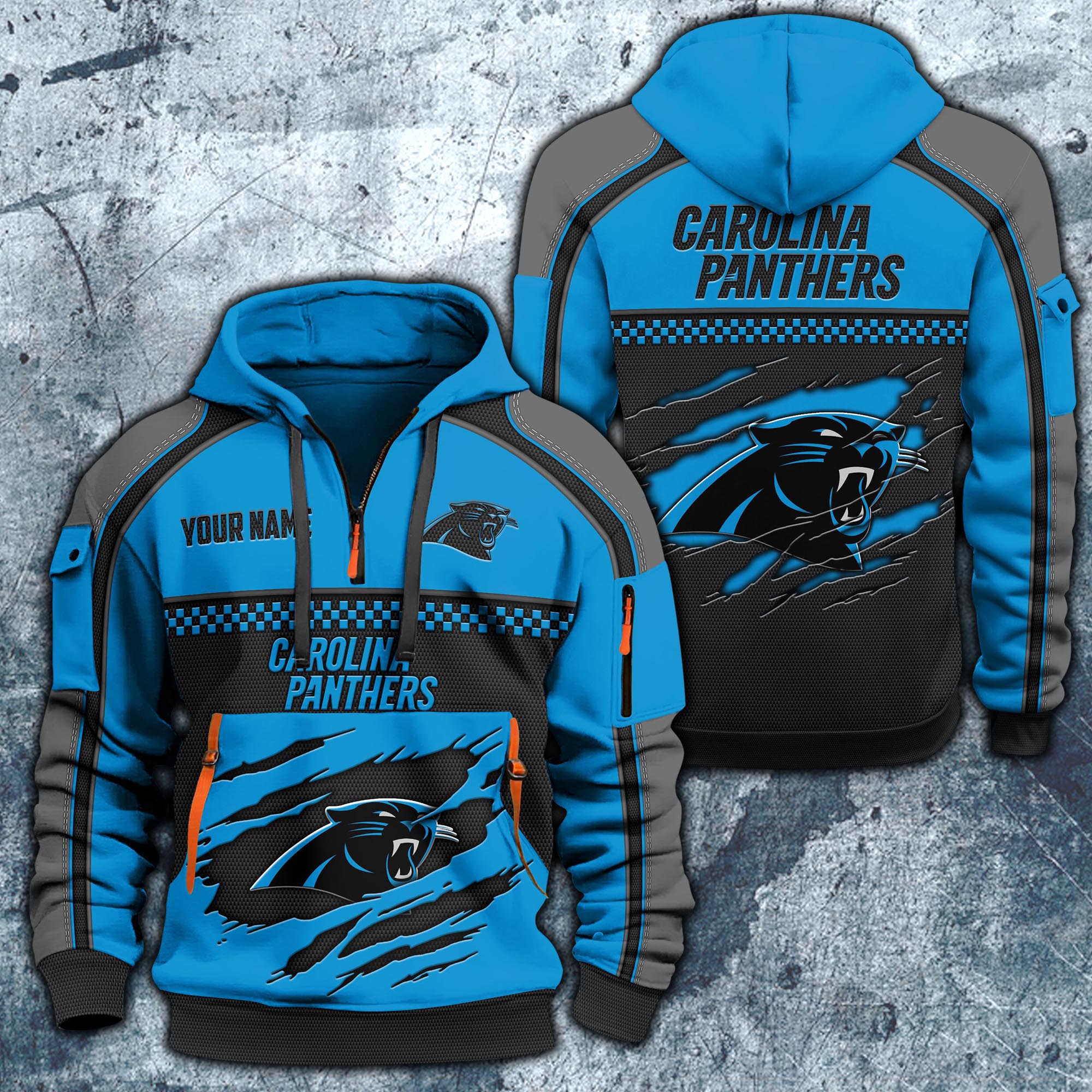 Carolina Panthers Hoodie Half Zipper Custom Your Name,  Sports 3D Half-zip Hoodie EHIVM-06242639N