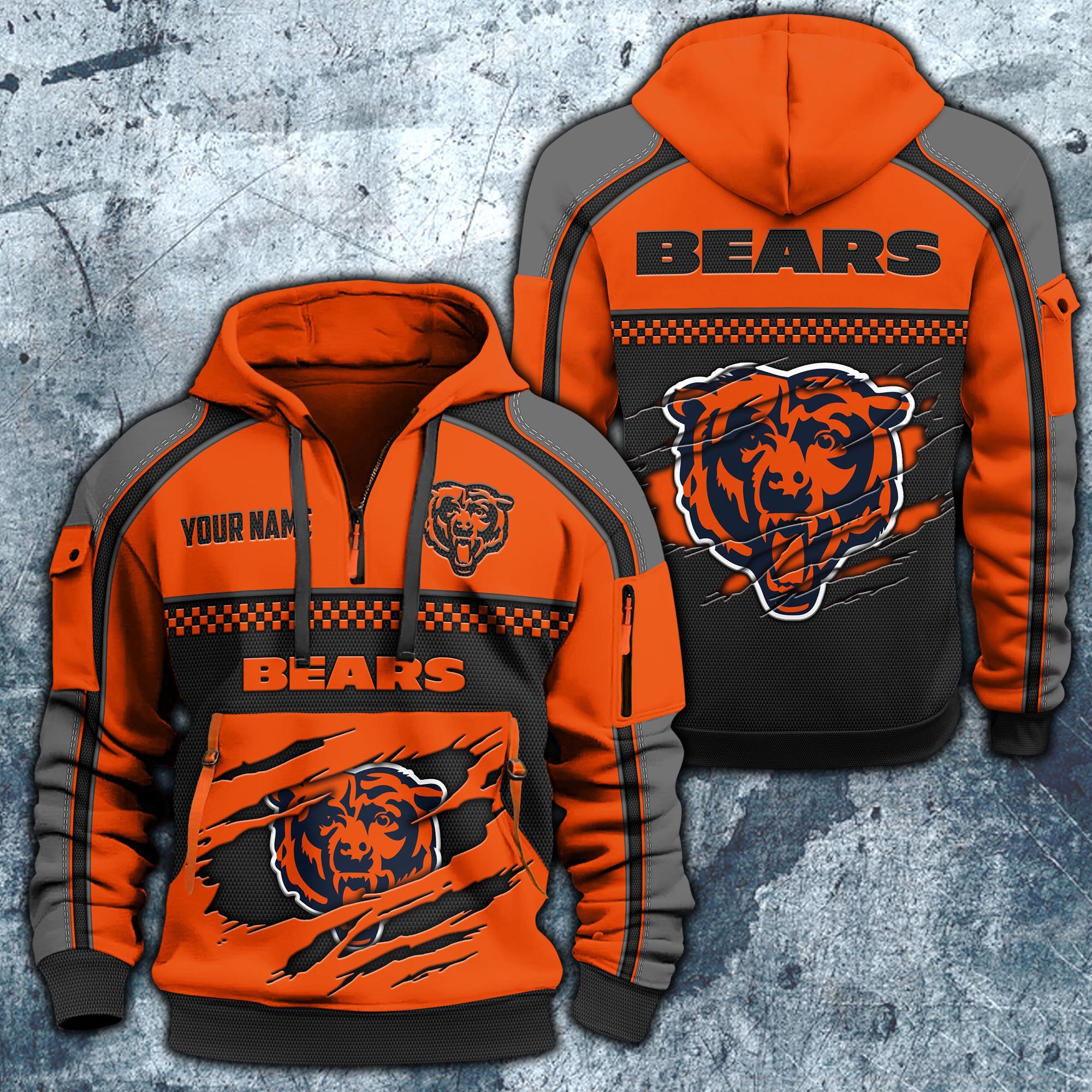 Chicago Bears Hoodie Half Zipper Custom Your Name,  Sports 3D Half-zip Hoodie EHIVM-06242639N