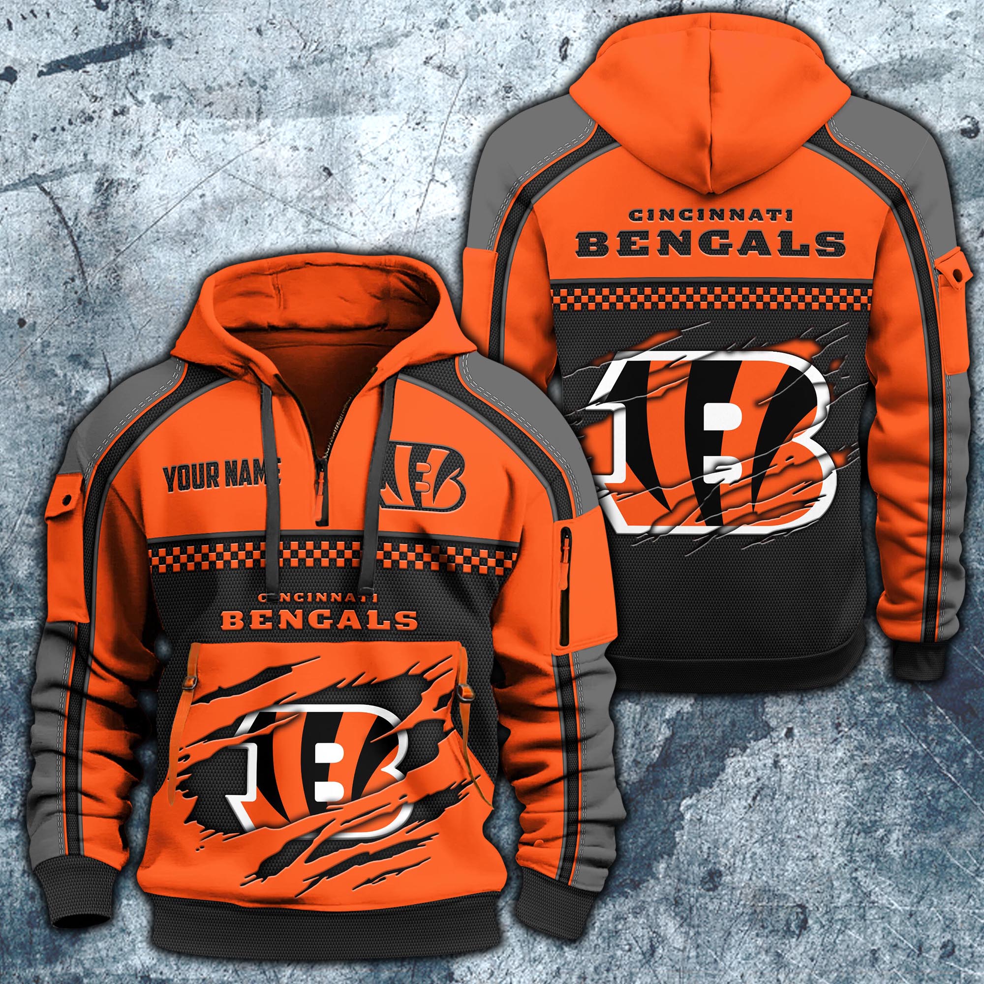 Cincinnati Bengals Hoodie Half Zipper Custom Your Name,  Sports 3D Half-zip Hoodie EHIVM-06242639N
