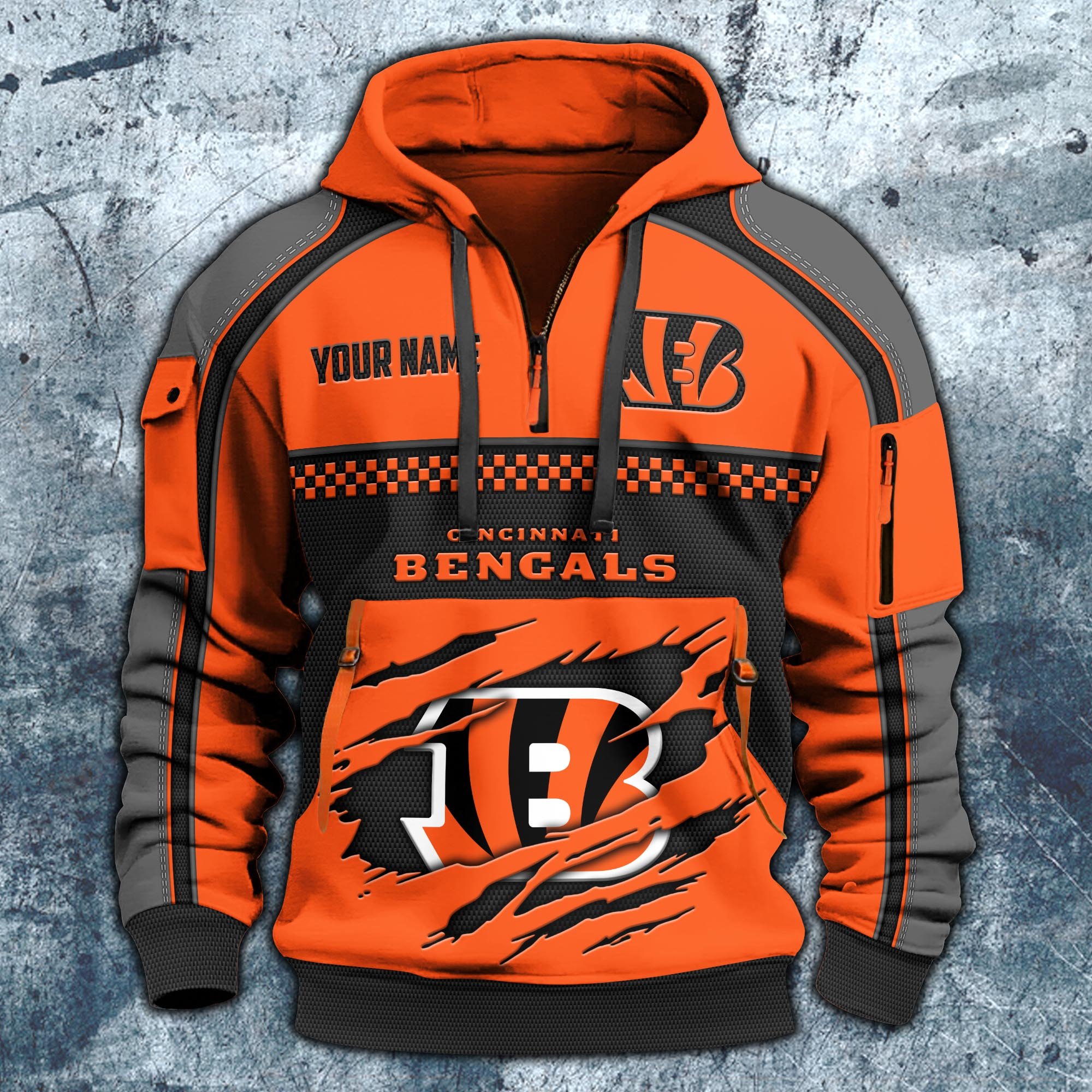 Alternative view of Cincinnati Bengals Hoodie Half Zipper Custom Your Name,  Sports 3D Half-zip Hoodie EHIVM-06242639N
