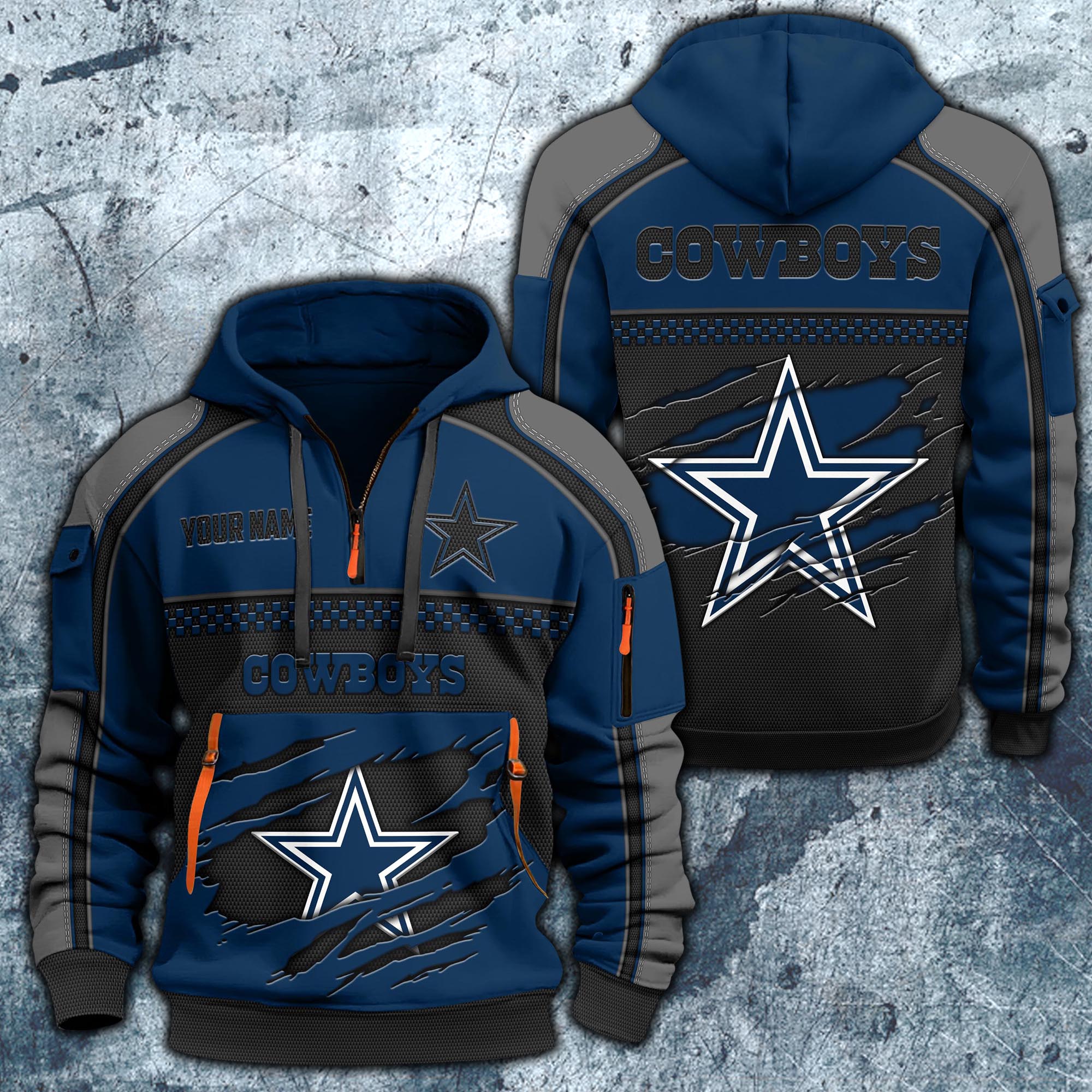 Dallas Cowboys Hoodie Half Zipper Custom Your Name,  Sports 3D Half-zip Hoodie EHIVM-06242639N