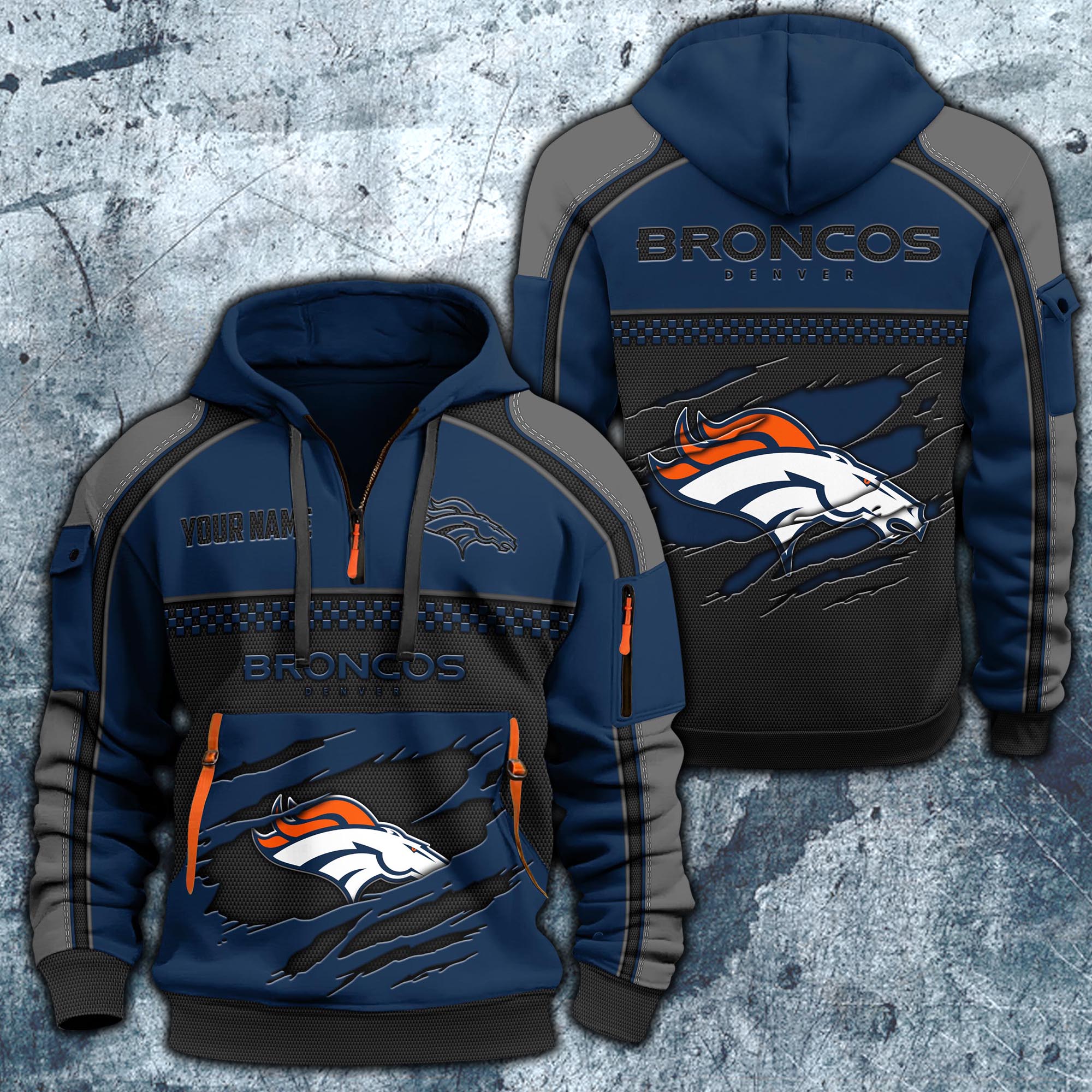 Denver Broncos Hoodie Half Zipper Custom Your Name,  Sports 3D Half-zip Hoodie EHIVM-06242639N