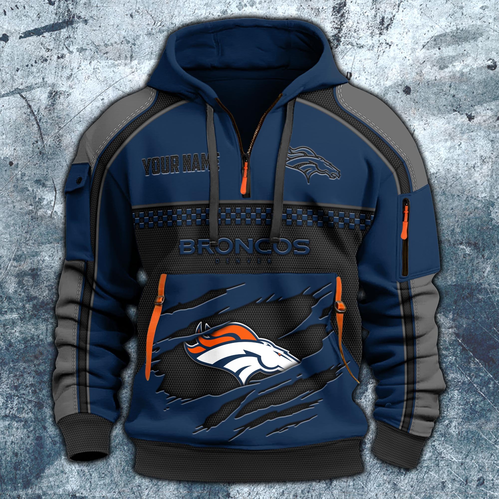 Alternative view of Denver Broncos Hoodie Half Zipper Custom Your Name,  Sports 3D Half-zip Hoodie EHIVM-06242639N