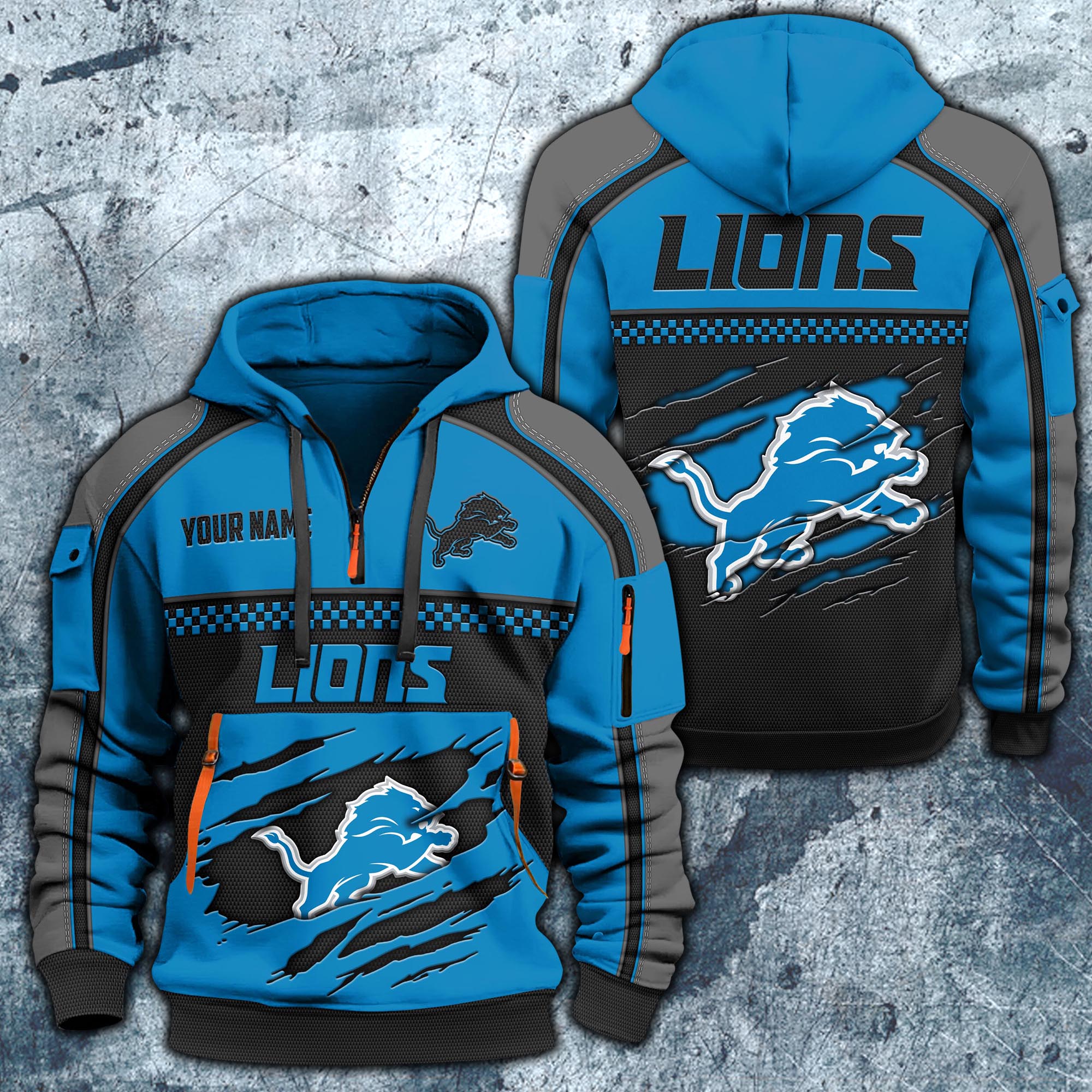 Detroit Lions Hoodie Half Zipper Custom Your Name,  Sports 3D Half-zip Hoodie EHIVM-06242639N