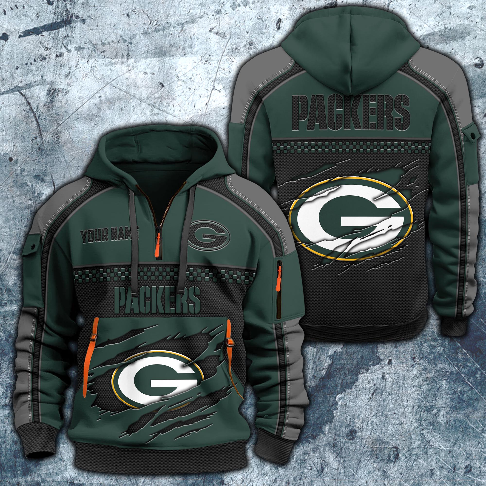 Green Bay Packers Hoodie Half Zipper Custom Your Name,  Sports 3D Half-zip Hoodie EHIVM-06242639N