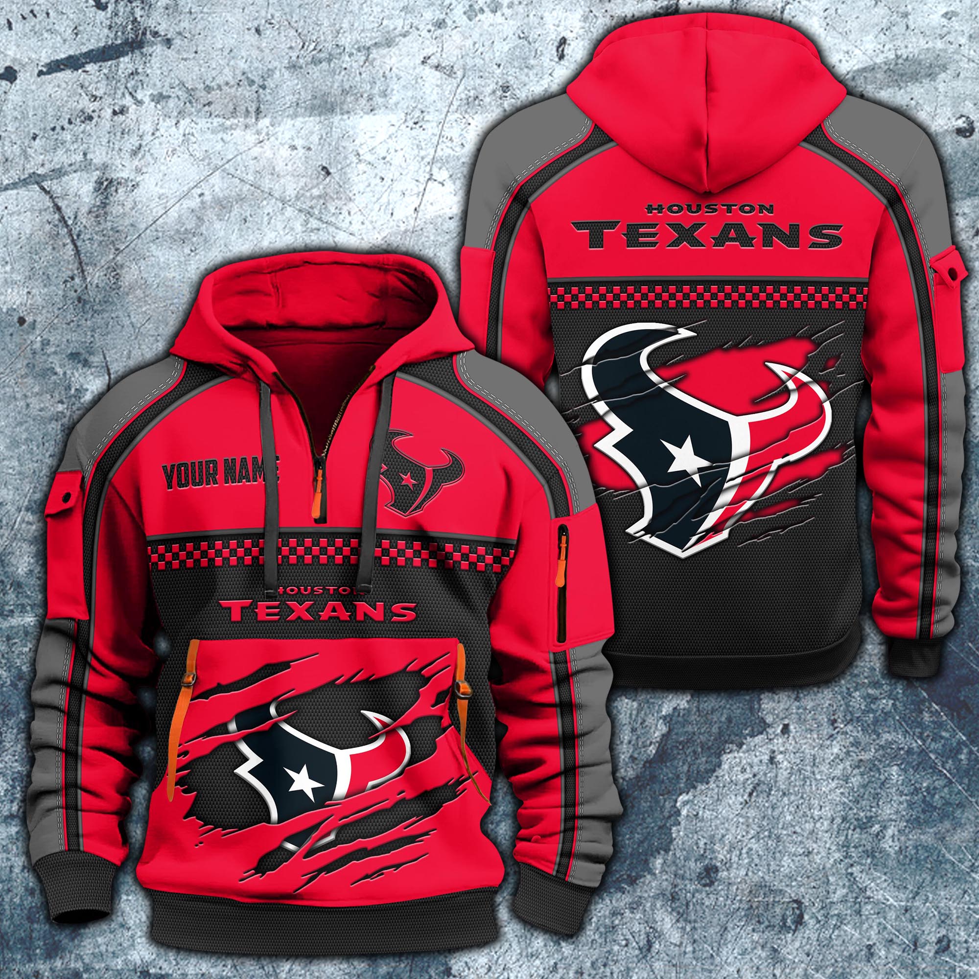 Houston Texans Hoodie Half Zipper Custom Your Name,  Sports 3D Half-zip Hoodie EHIVM-06242639N