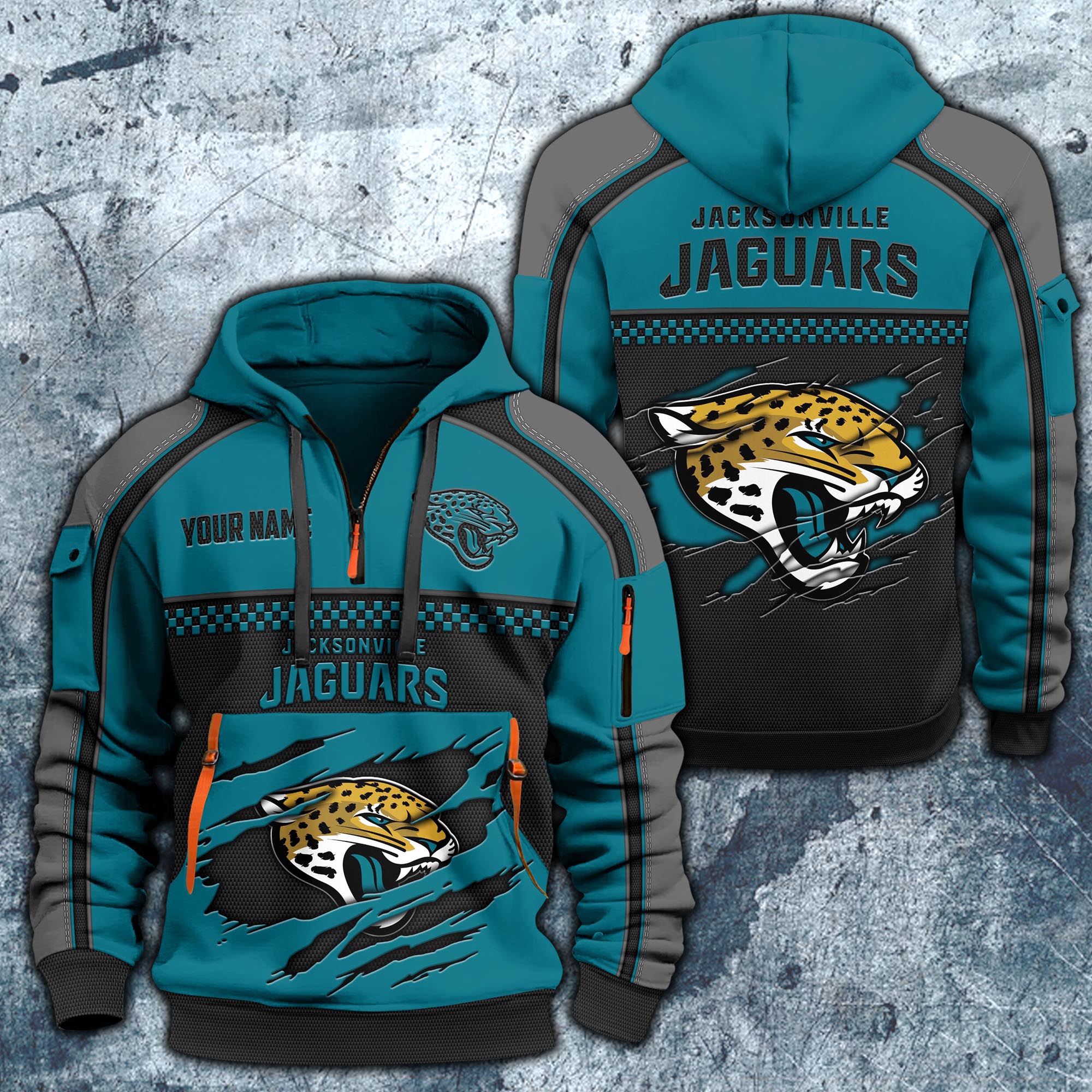 Jacksonville Jaguars Hoodie Half Zipper Custom Your Name,  Sports 3D Half-zip Hoodie EHIVM-06242639N
