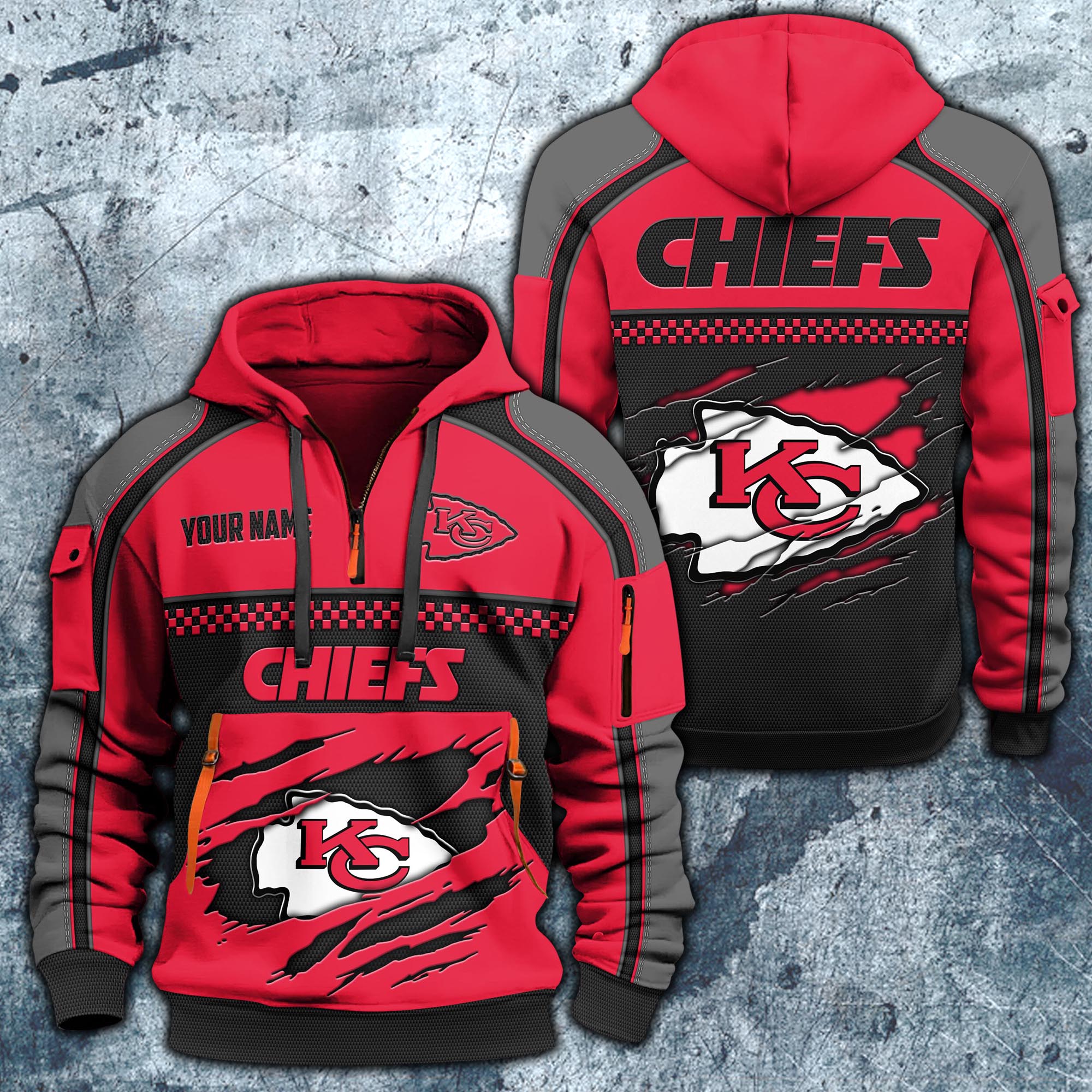 Kansas City Chiefs Hoodie Half Zipper Custom Your Name,  Sports 3D Half-zip Hoodie EHIVM-06242639N