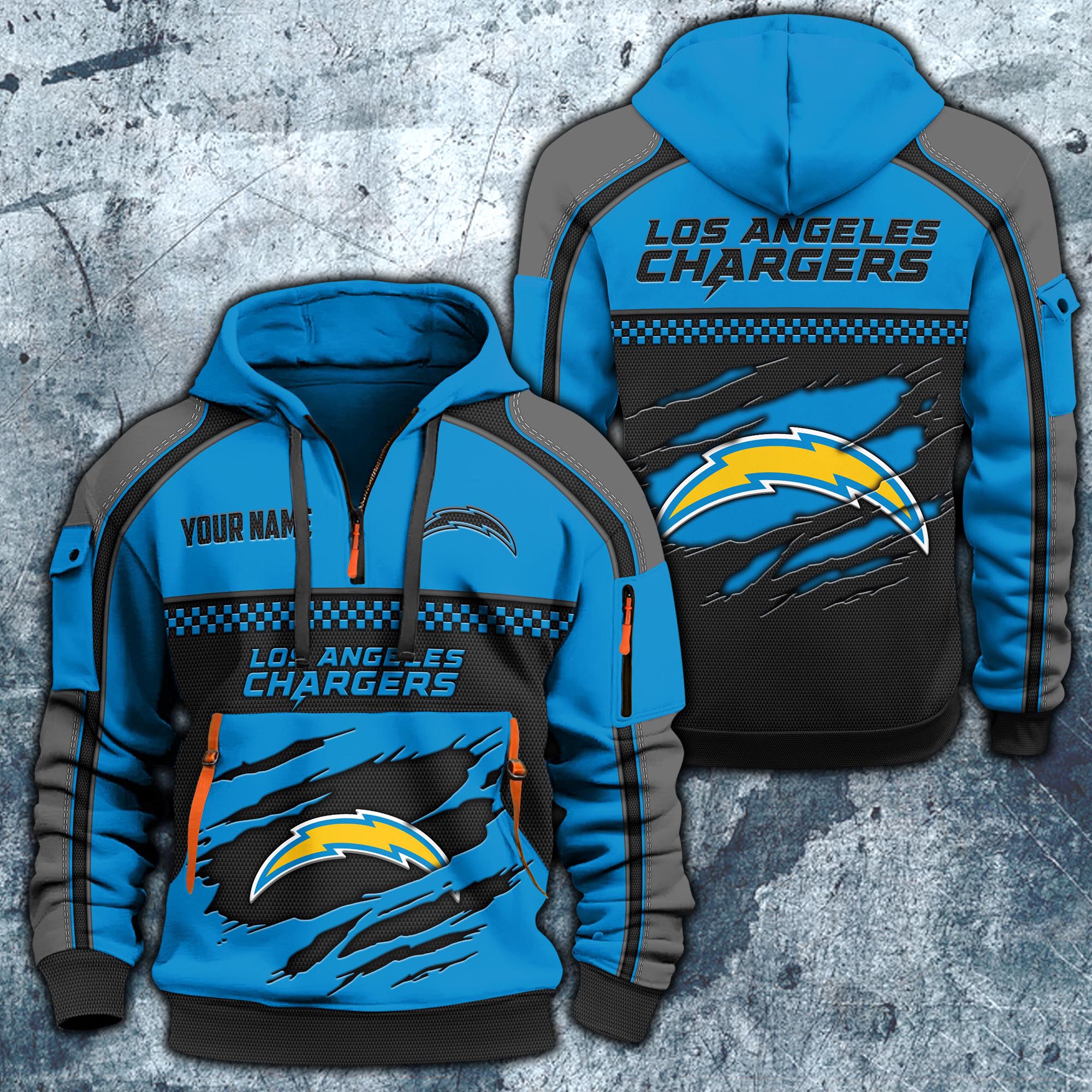 Los Angeles Chargers Hoodie Half Zipper Custom Your Name,  Sports 3D Half-zip Hoodie EHIVM-06242639N