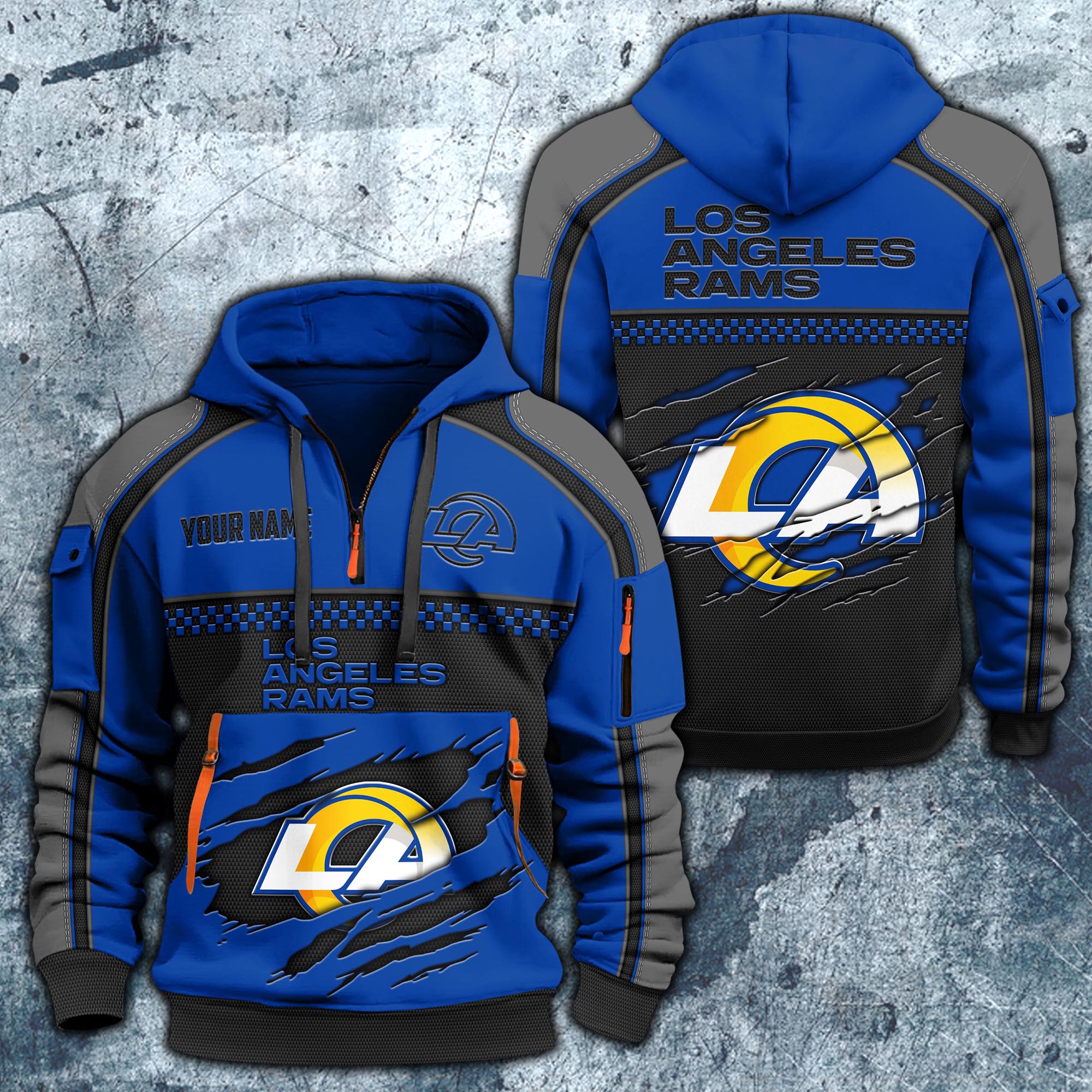 Los Angeles Rams Hoodie Half Zipper Custom Your Name,  Sports 3D Half-zip Hoodie EHIVM-06242639N