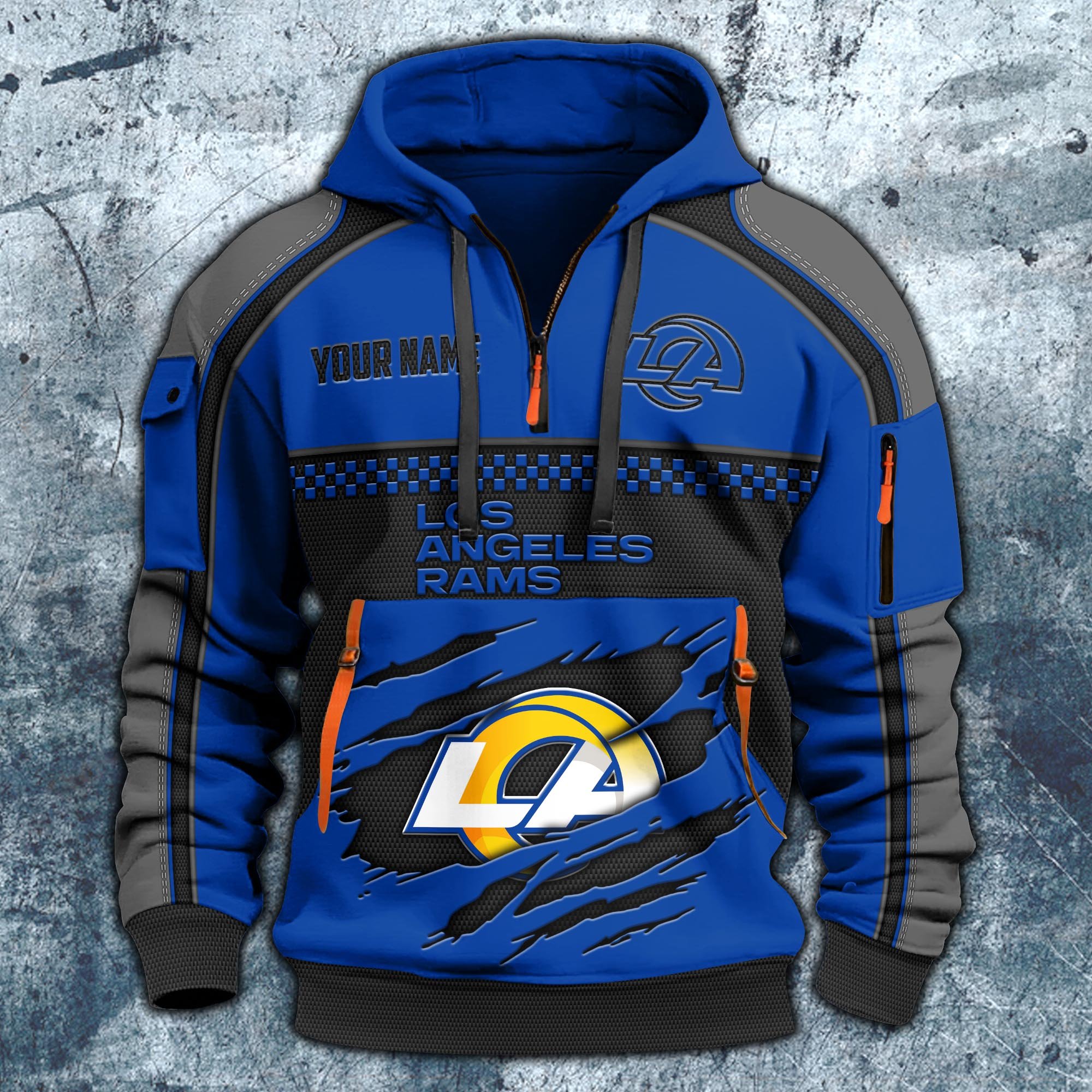 Alternative view of Los Angeles Rams Hoodie Half Zipper Custom Your Name,  Sports 3D Half-zip Hoodie EHIVM-06242639N