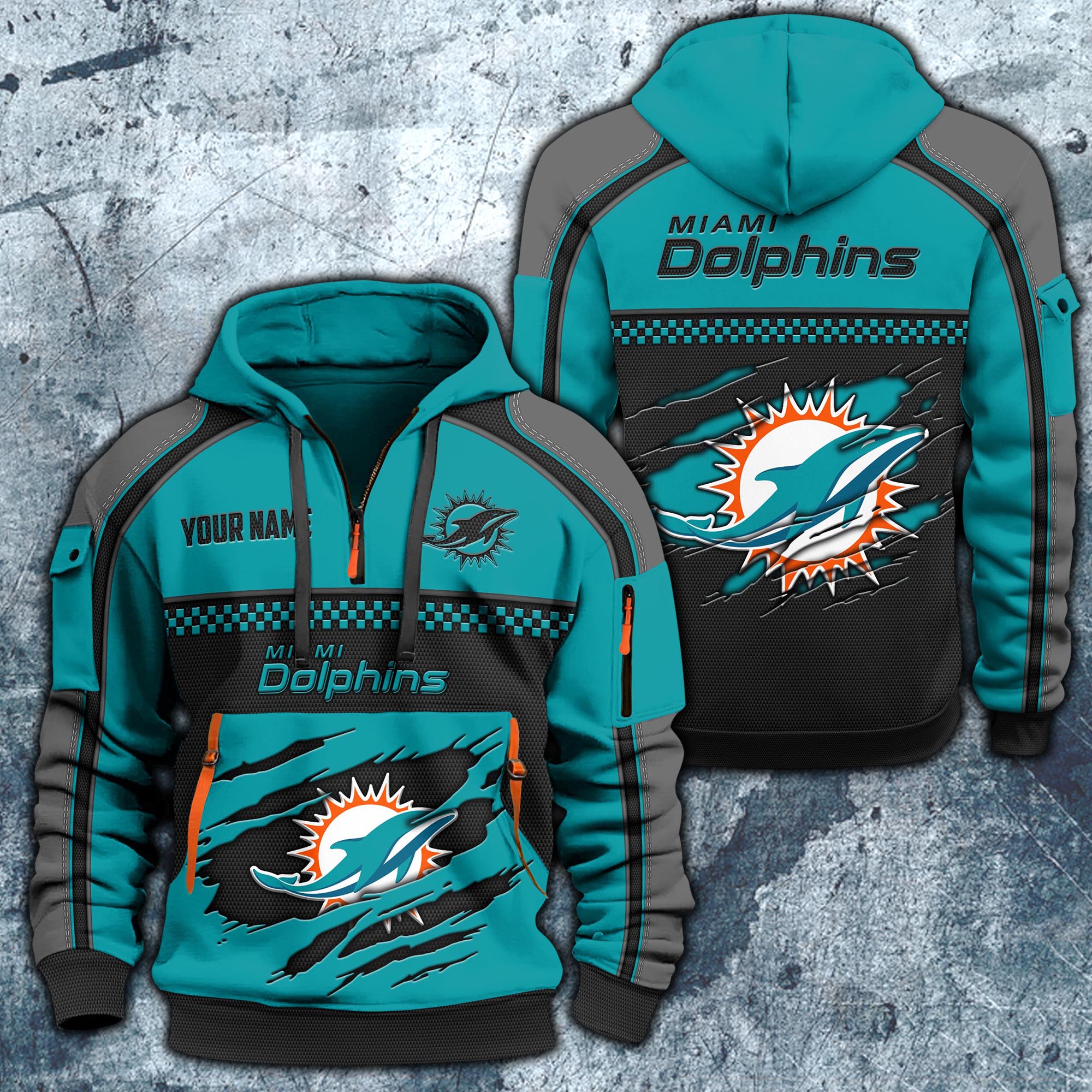 Miami Dolphins Hoodie Half Zipper Custom Your Name,  Sports 3D Half-zip Hoodie EHIVM-06242639N