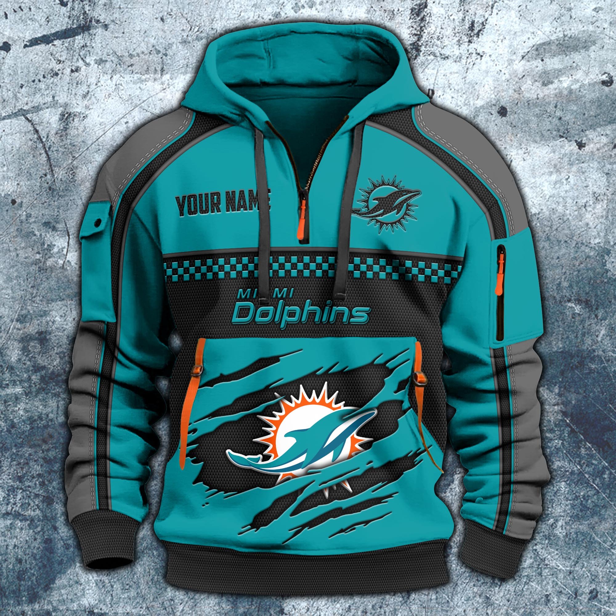 Alternative view of Miami Dolphins Hoodie Half Zipper Custom Your Name,  Sports 3D Half-zip Hoodie EHIVM-06242639N