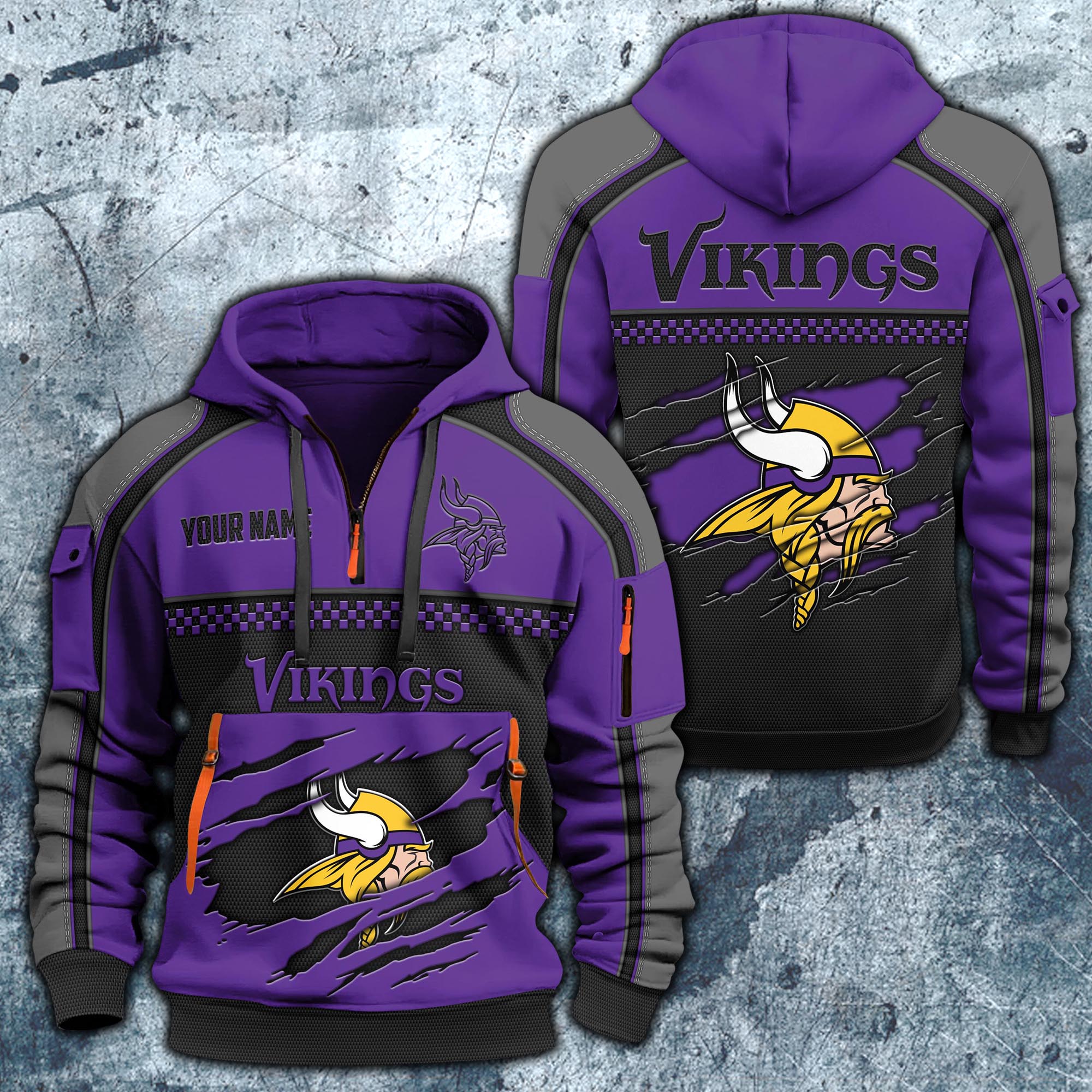 Minnesota Vikings Hoodie Half Zipper Custom Your Name,  Sports 3D Half-zip Hoodie EHIVM-06242639N