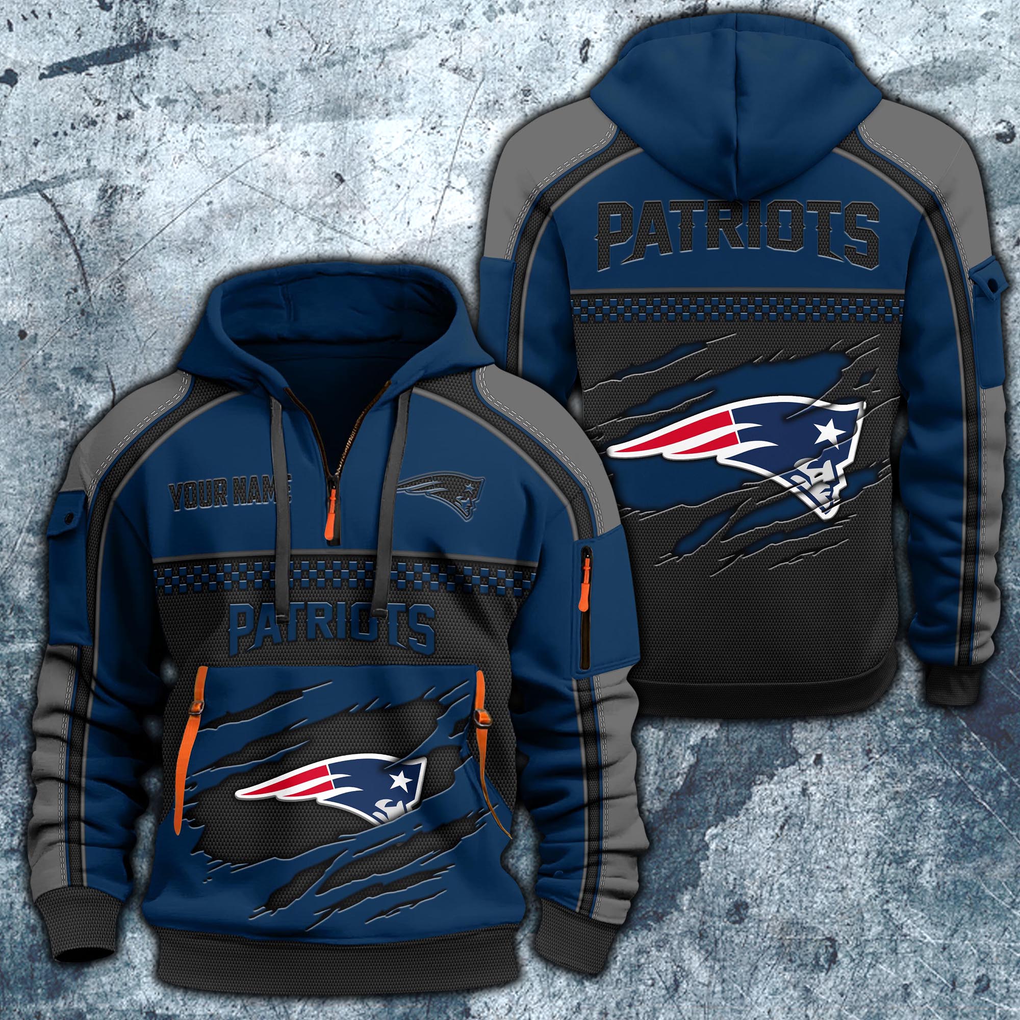 New England Patriots Hoodie Half Zipper Custom Your Name,  Sports 3D Half-zip Hoodie EHIVM-06242639N