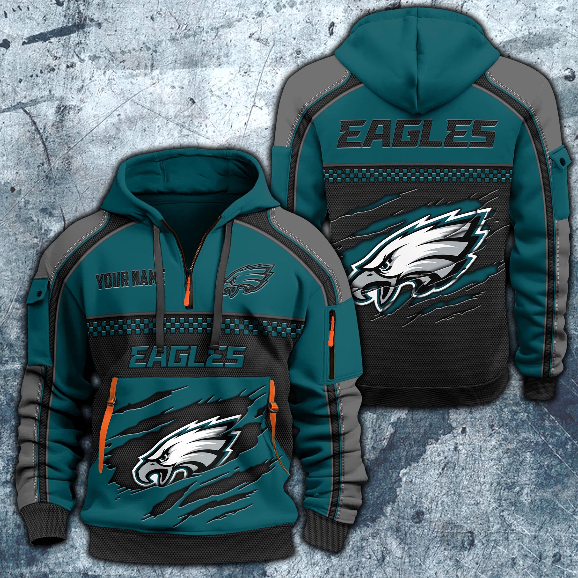 Philadelphia Eagles Hoodie Half Zipper Custom Your Name,  Sports 3D Half-zip Hoodie EHIVM-06242639N