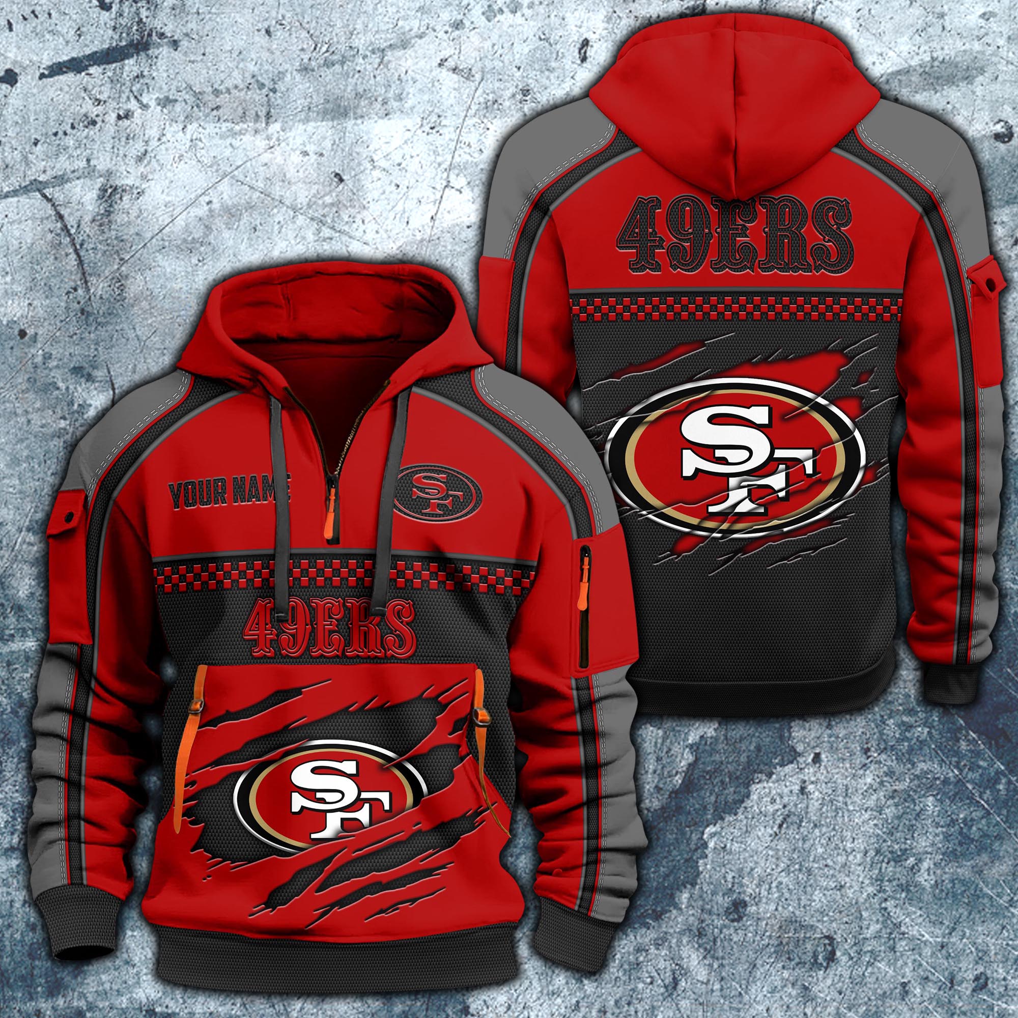 San Francisco 49ers Hoodie Half Zipper Custom Your Name,  Sports 3D Half-zip Hoodie EHIVM-06242639N
