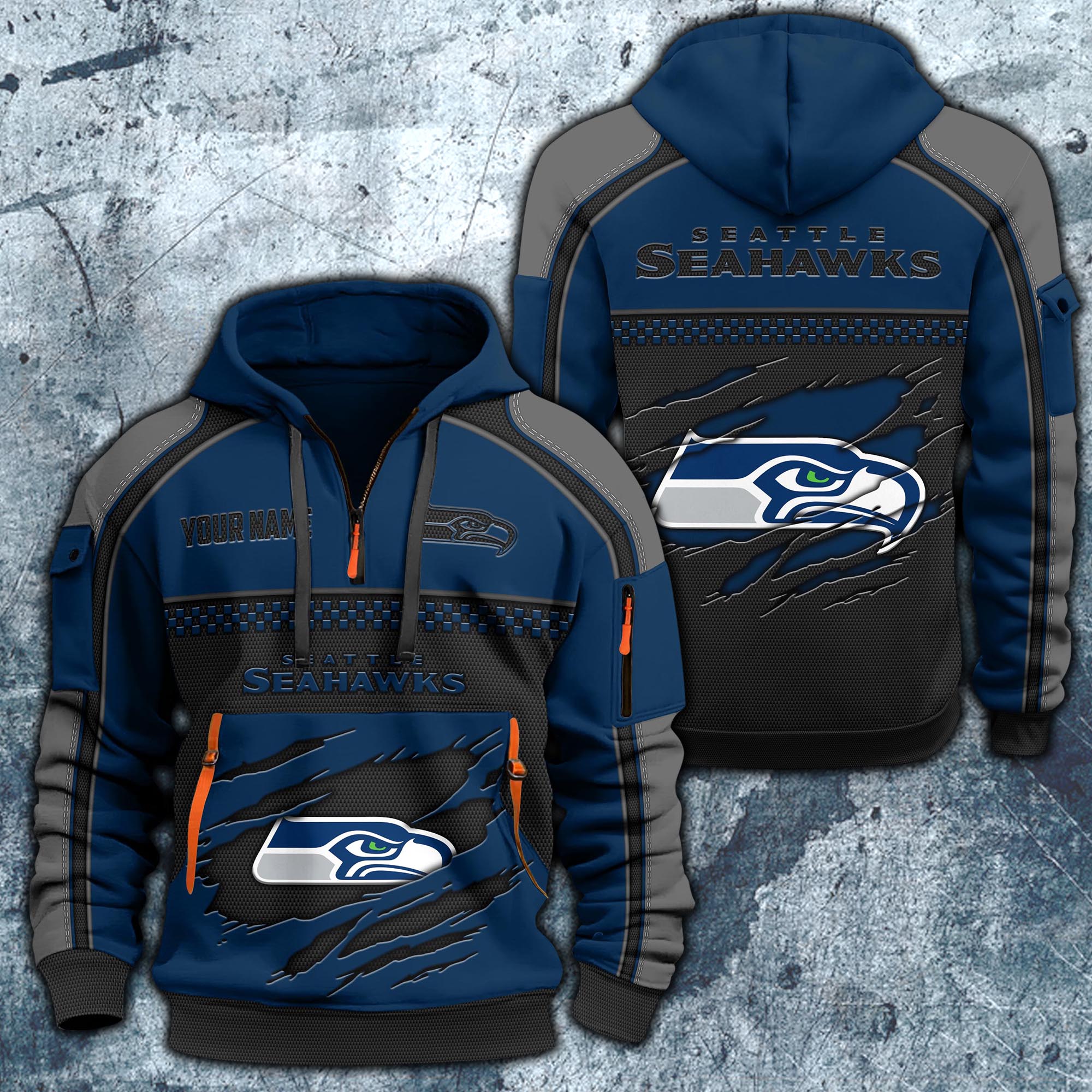 Seattle Seahawks Hoodie Half Zipper Custom Your Name,  Sports 3D Half-zip Hoodie EHIVM-06242639N