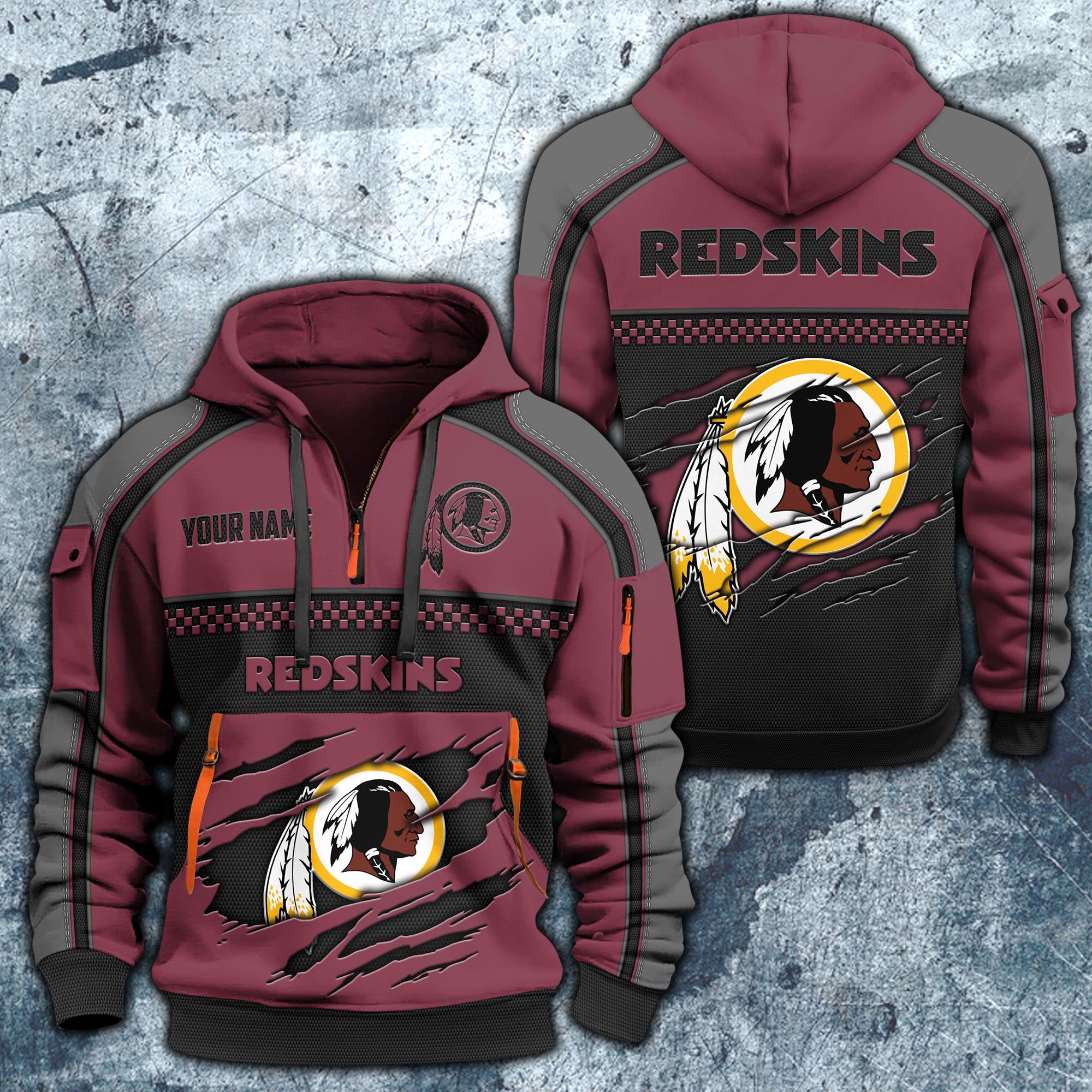 Washington Redskins Hoodie Half Zipper Custom Your Name,  Sports 3D Half-zip Hoodie EHIVM-06242639N