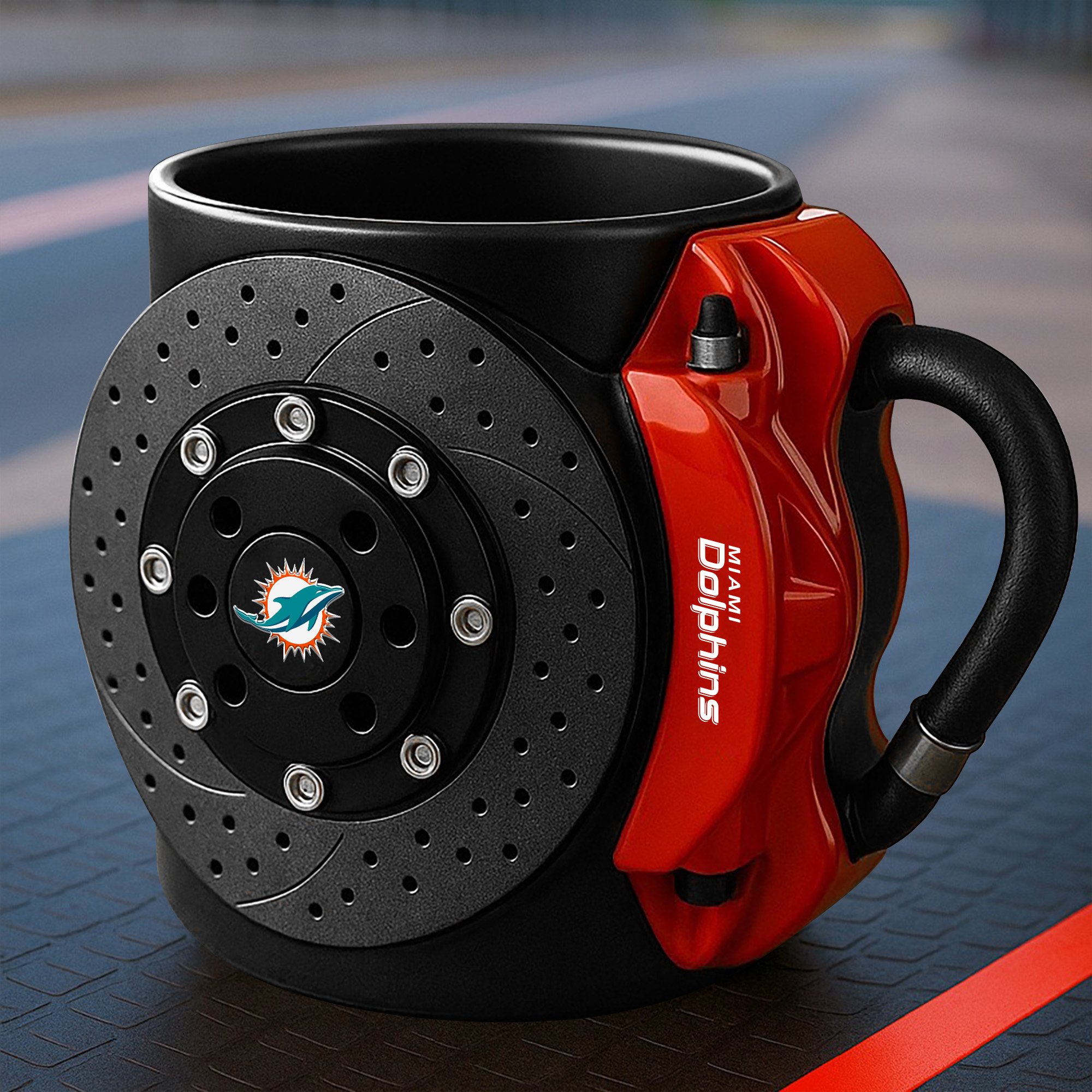 Miami Dolphins 3D Painted Car Caliper Novelty Coffee Mug, Suitable for Car Enthusiasts, Gifts for Men, Unique Coffee Mug EHIVM-08123123N