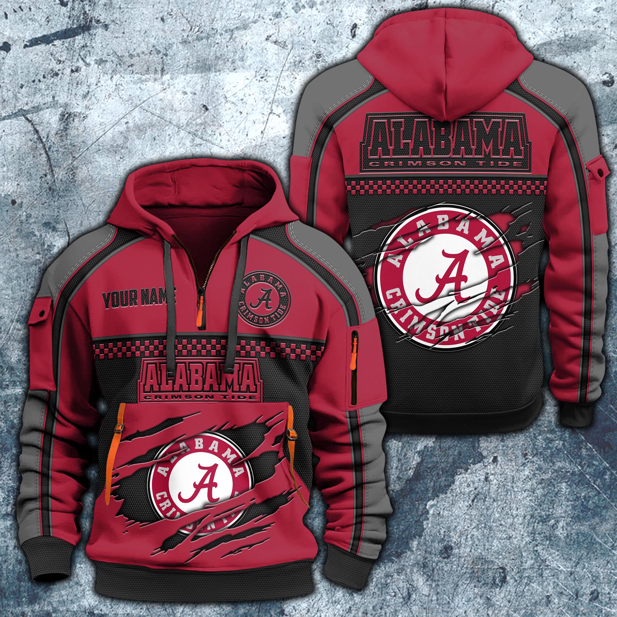 Alabama Crimson Tide Hoodie Half Zipper Custom Your Name,  Sports 3D Half-zip Hoodie EHIVM-07092718