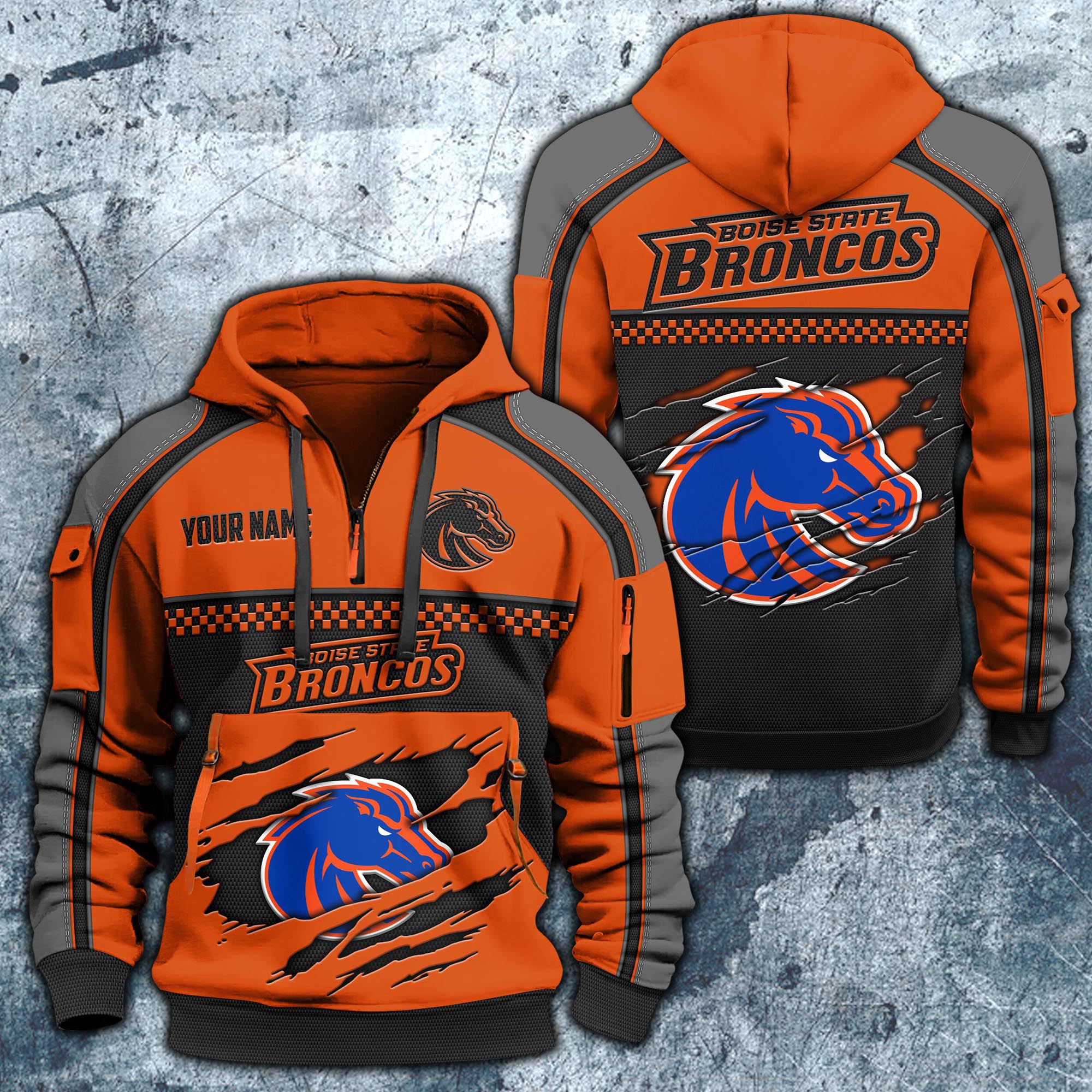 Boise State Broncos Hoodie Half Zipper Custom Your Name,  Sports 3D Half-zip Hoodie EHIVM-07092718